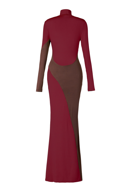 Kathleen Contrast Color Long Sleeve High Neck Maxi Dress