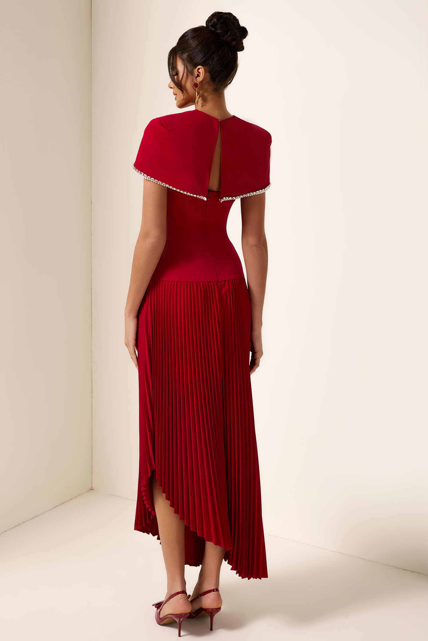 Consuelo Strapless Pleat Diagonal Midi Dress With Rhinestone Cape