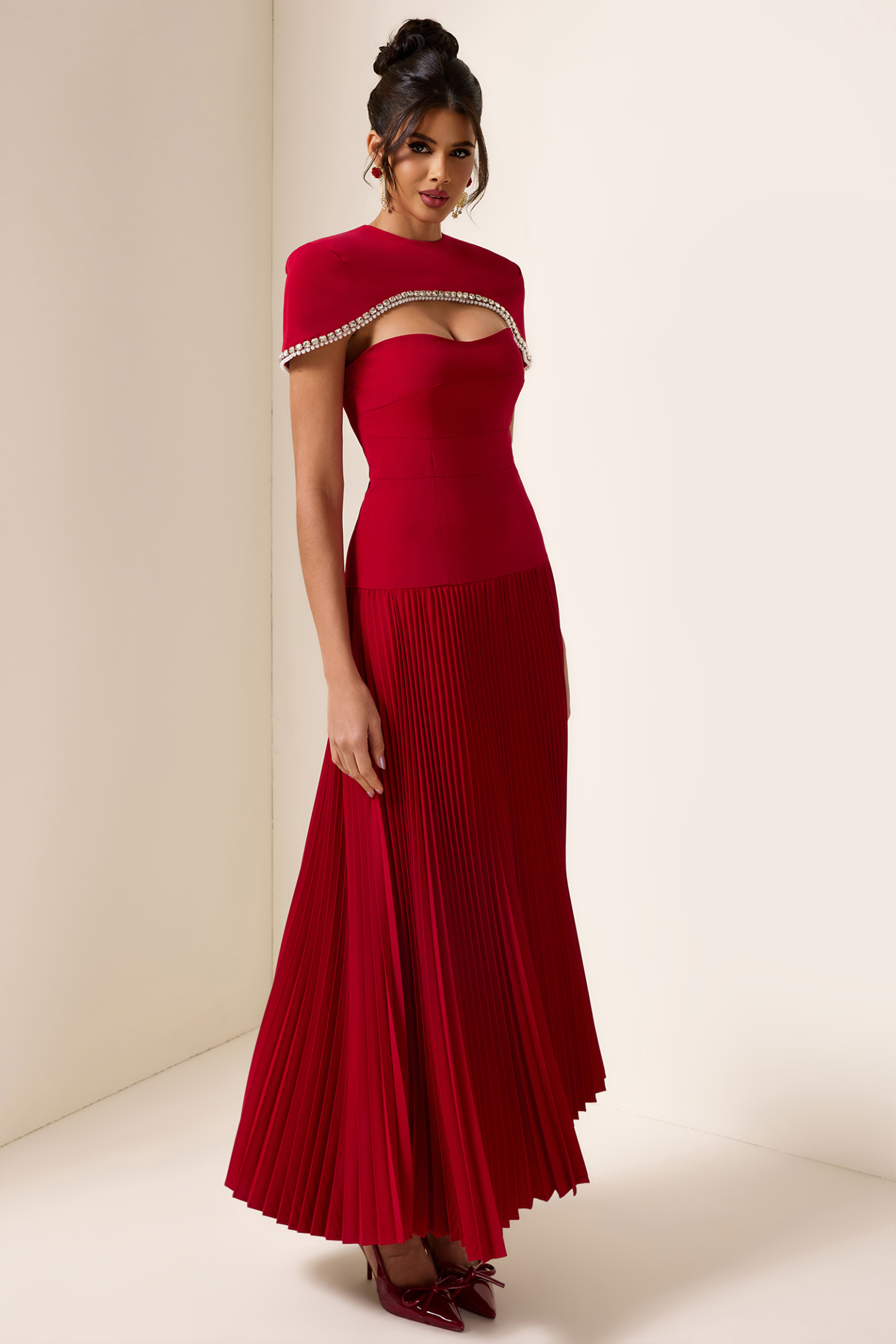 Consuelo Strapless Pleat Diagonal Midi Dress With Rhinestone Cape