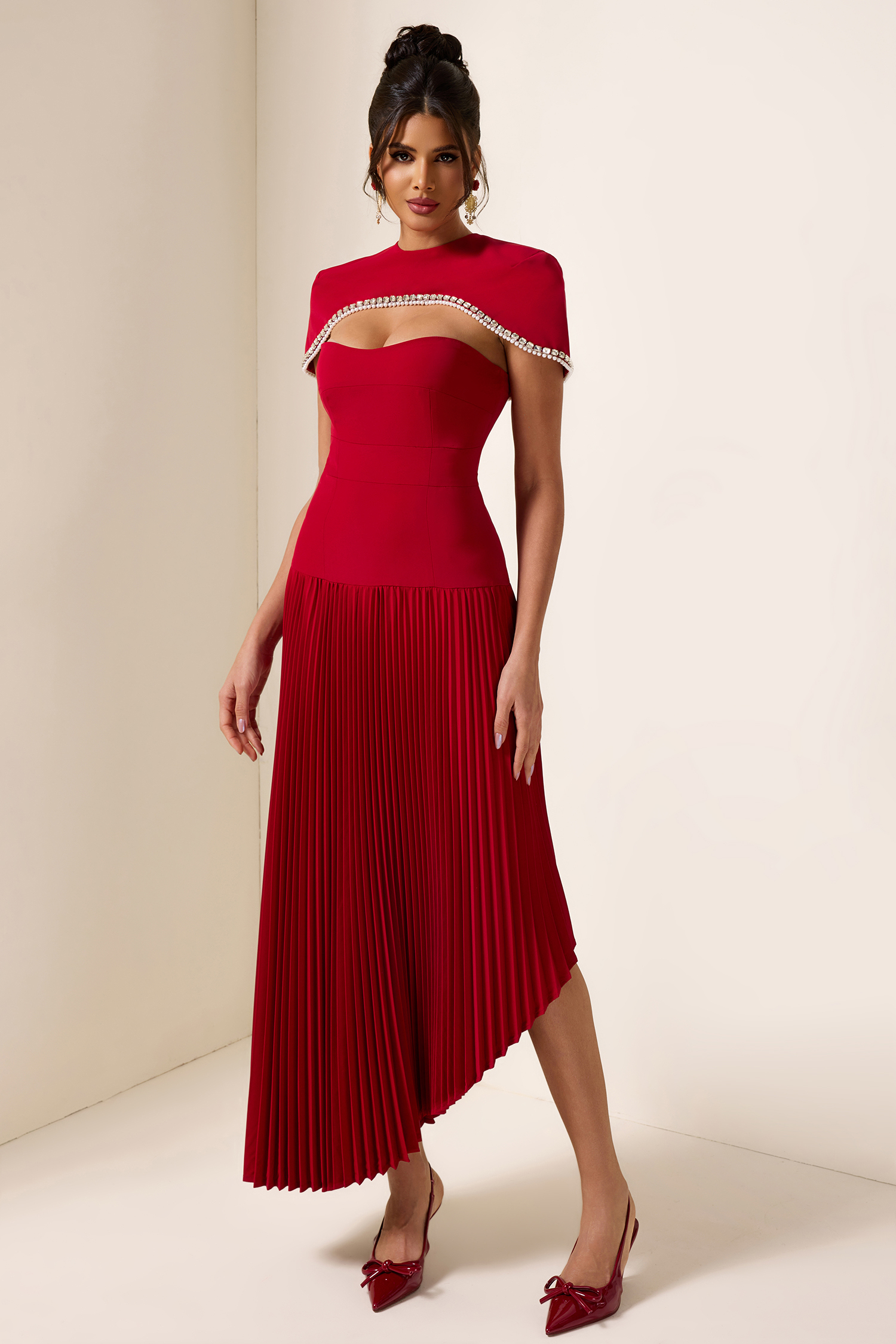 Consuelo Strapless Pleat Diagonal Midi Dress With Rhinestone Cape