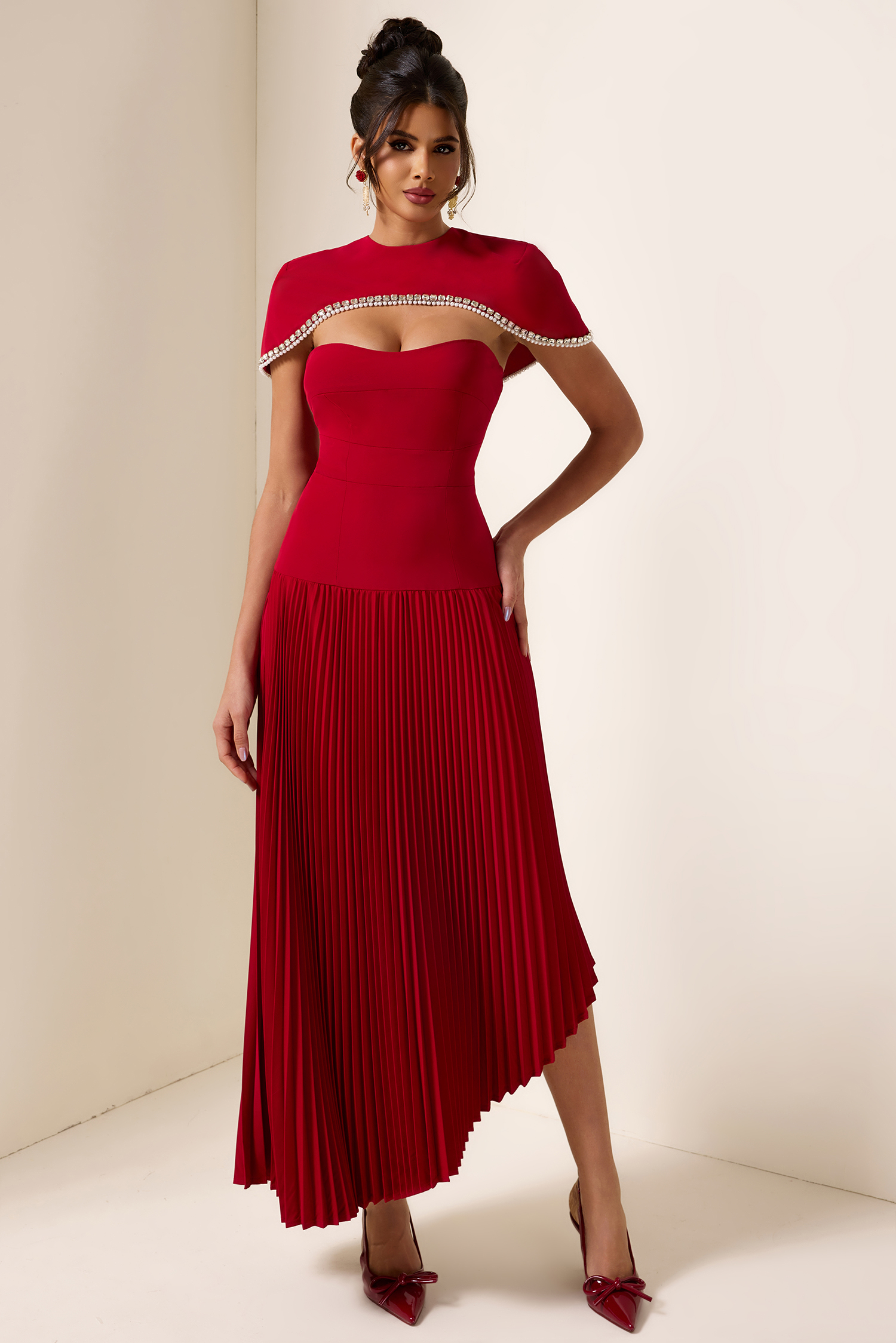 Consuelo Strapless Pleat Diagonal Midi Dress With Rhinestone Cape