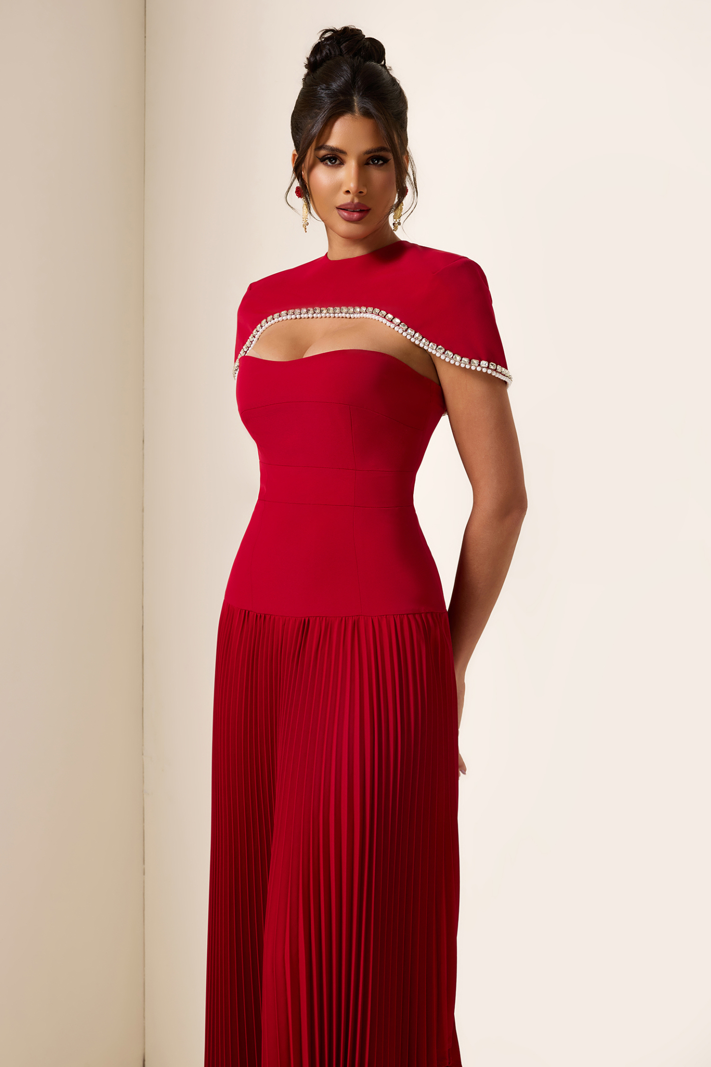 Consuelo Strapless Pleat Diagonal Midi Dress With Rhinestone Cape