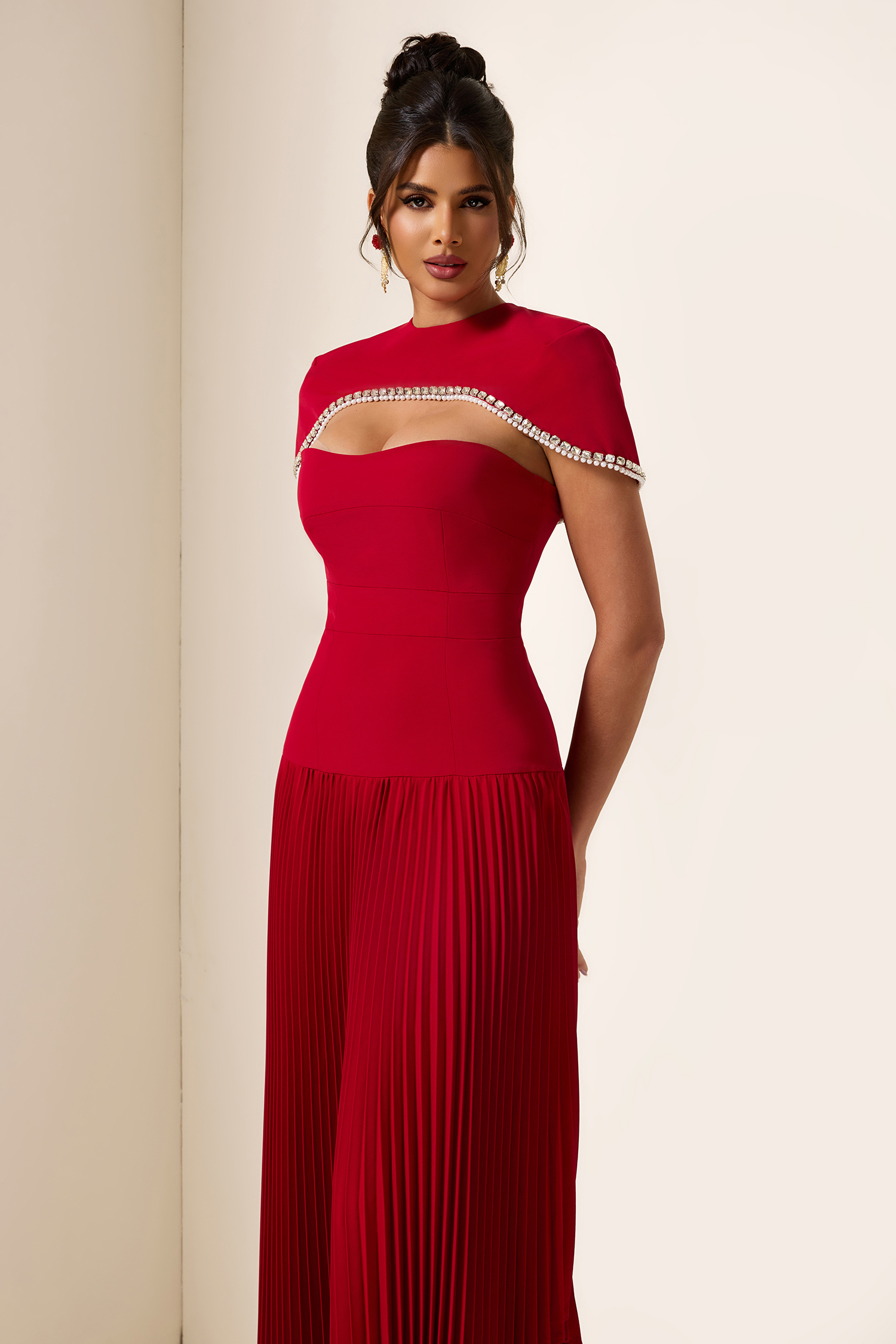 Consuelo Strapless Pleat Diagonal Midi Dress With Rhinestone Cape