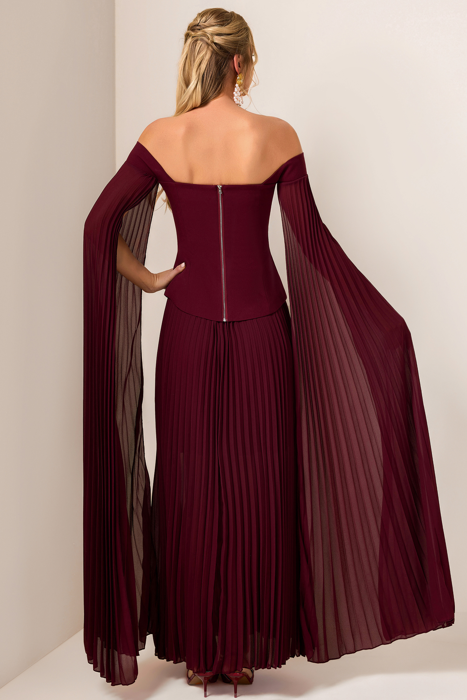 Zelda Solid Cape Sleeve Top & Pleat Maxi Skirt Set