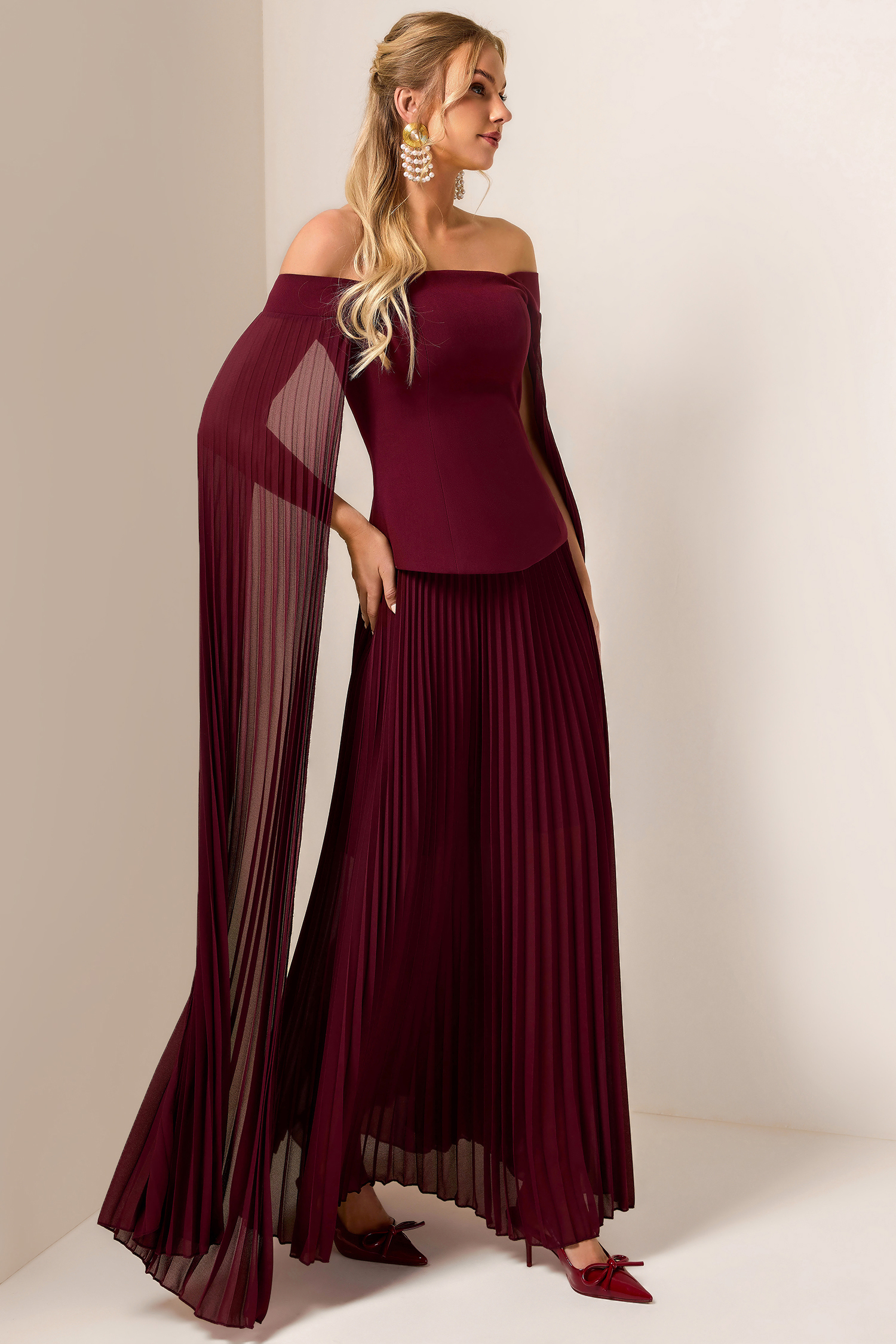 Zelda Solid Cape Sleeve Top & Pleat Maxi Skirt Set