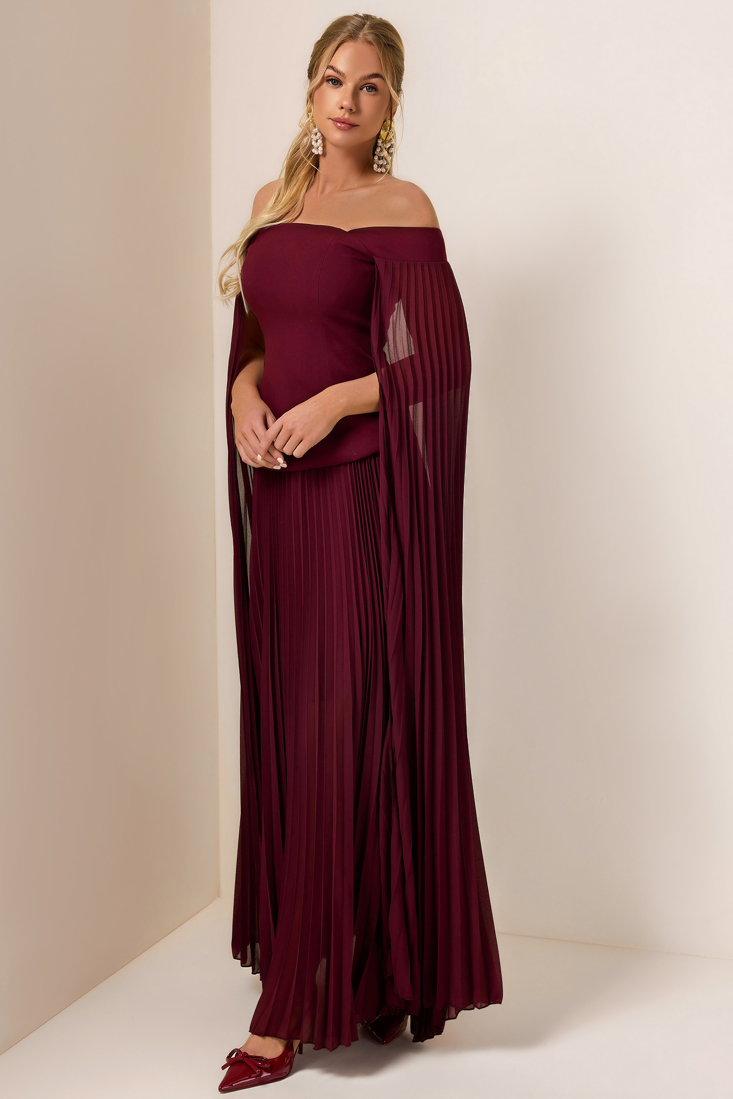 Zelda Solid Cape Sleeve Top & Pleat Maxi Skirt Set