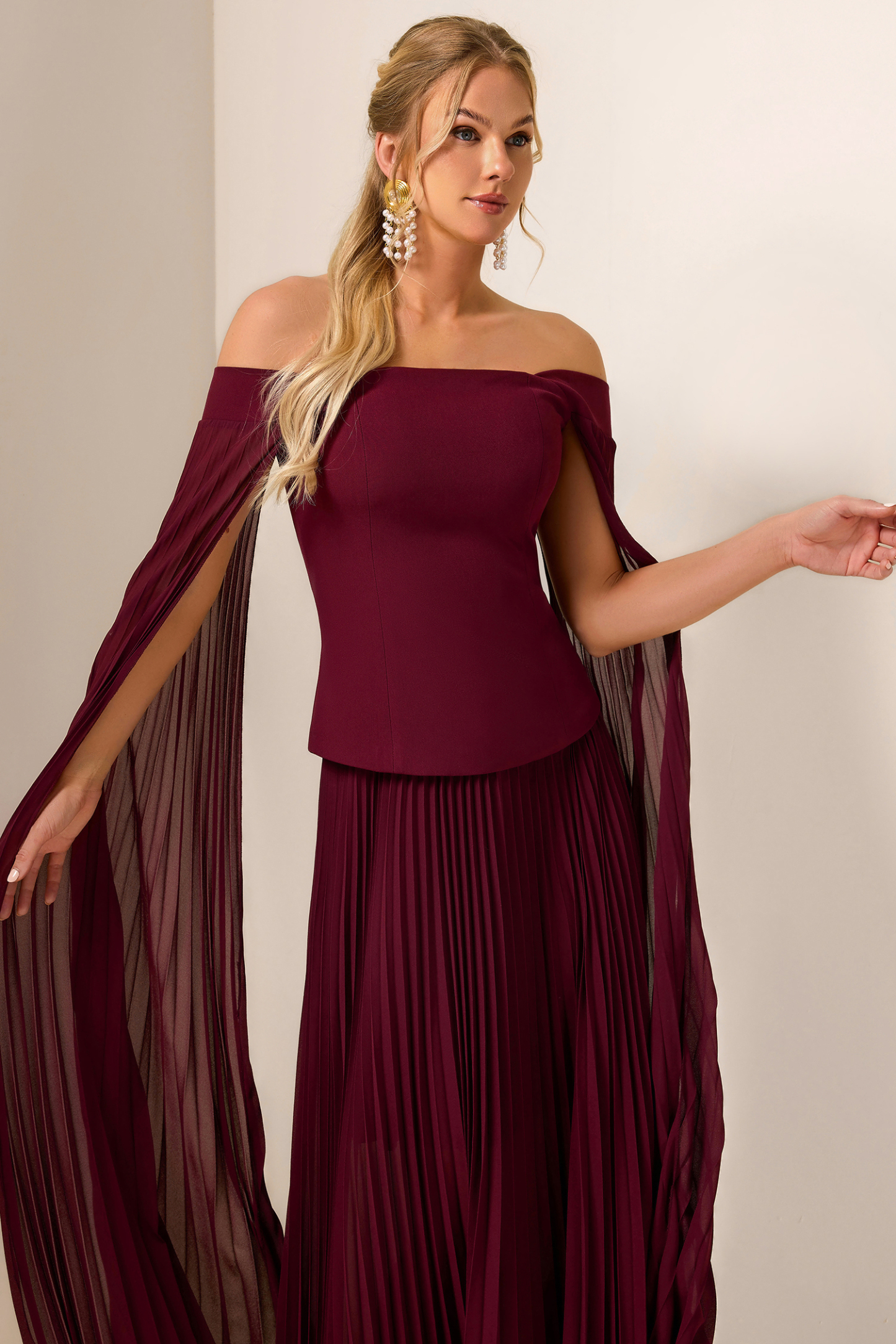 Zelda Solid Cape Sleeve Top & Pleat Maxi Skirt Set