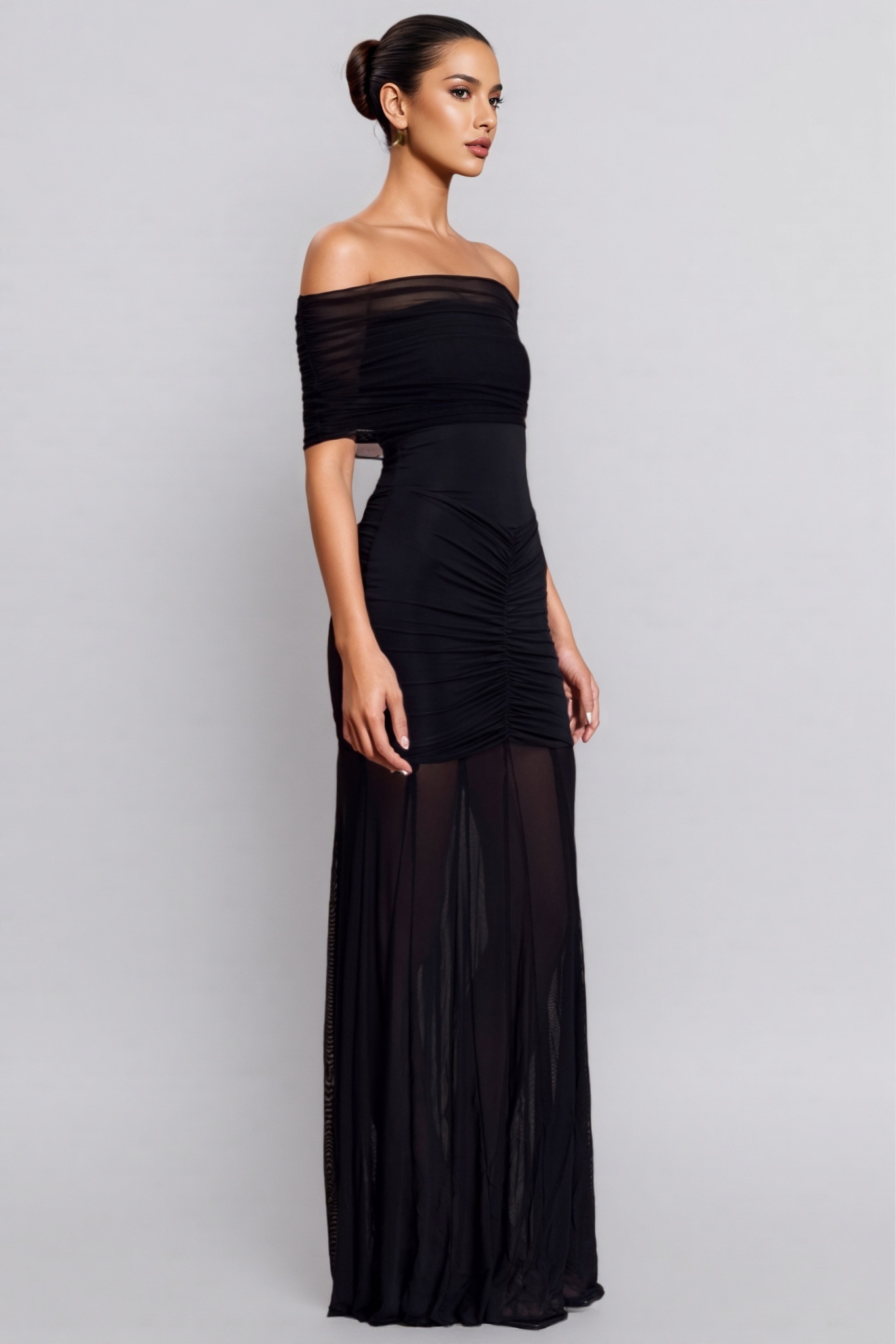 Everly Slinky And Mesh Off Shoulder Maxi Dress