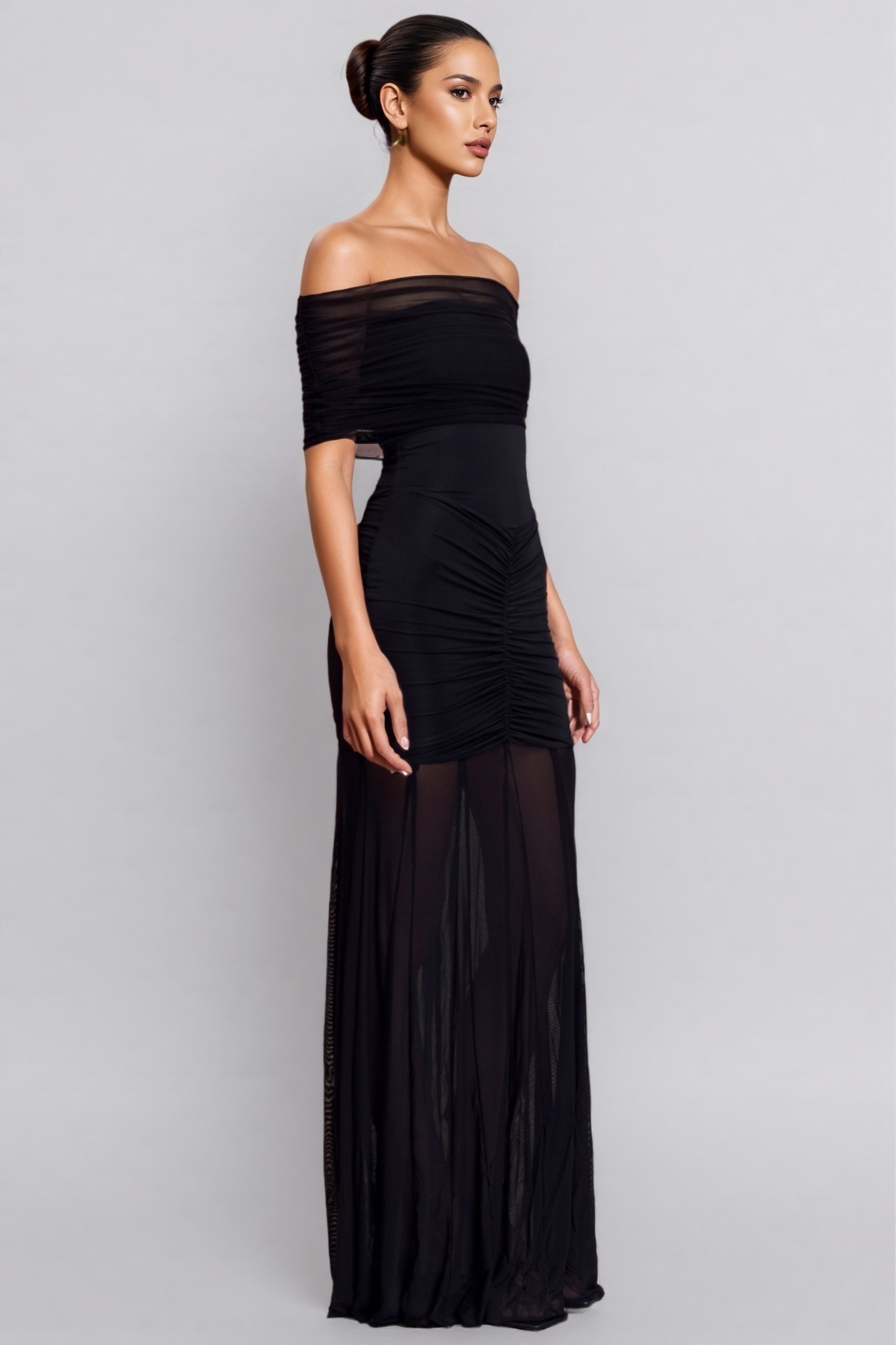 Everly Slinky And Mesh Off Shoulder Maxi Dress