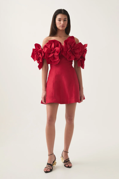 Hazel 3D Flower Solid Off-Shoulder Mini Dress