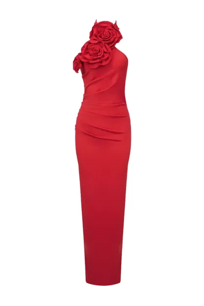 Concetta Red Floral Ruched Halter Maxi Dress