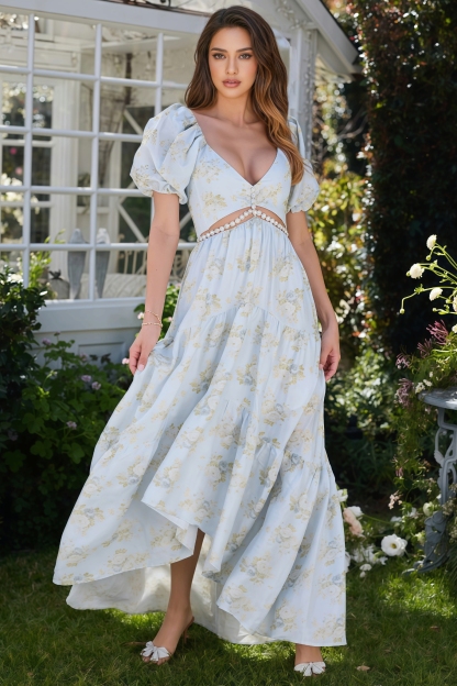 Jolie Blue Printed V-Neck Maxi Dress