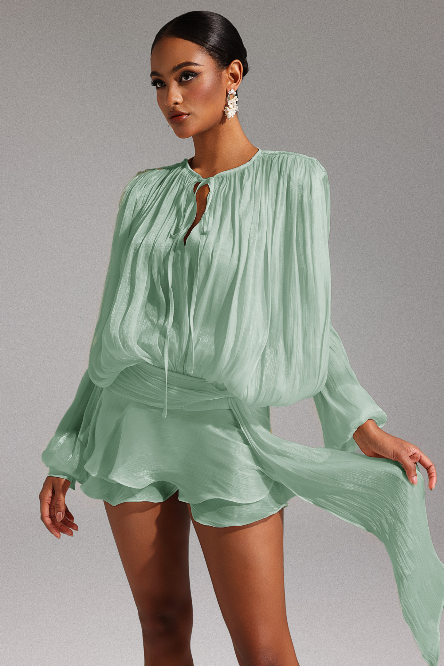 Vicky Green Long Sleeve Hollow Out Flounce Mini Dress