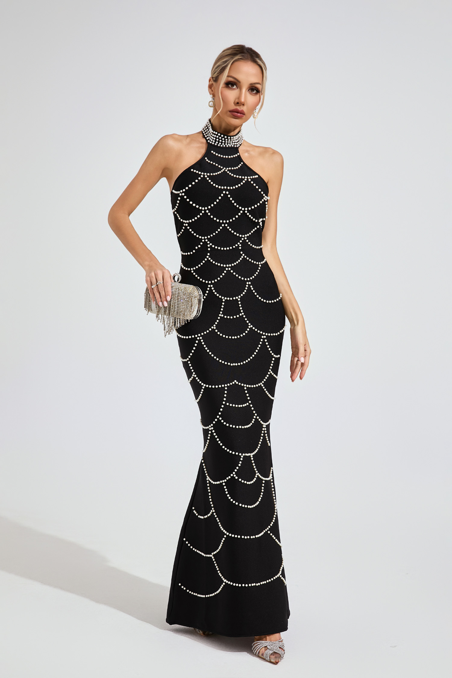 Ariana Black Pearl Halter Bandage Maxi Dress