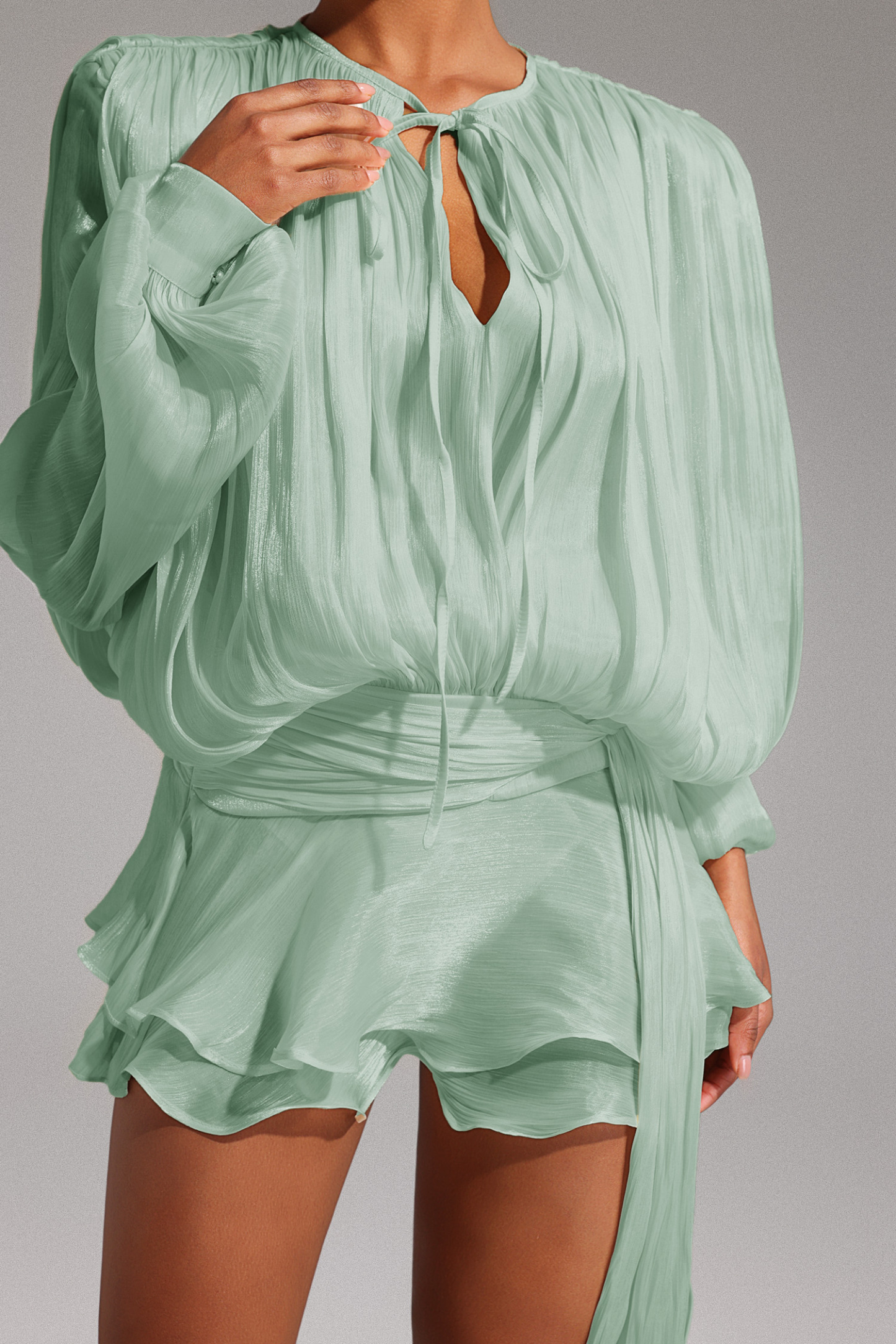 Vicky Green Long Sleeve Hollow Out Flounce Mini Dress