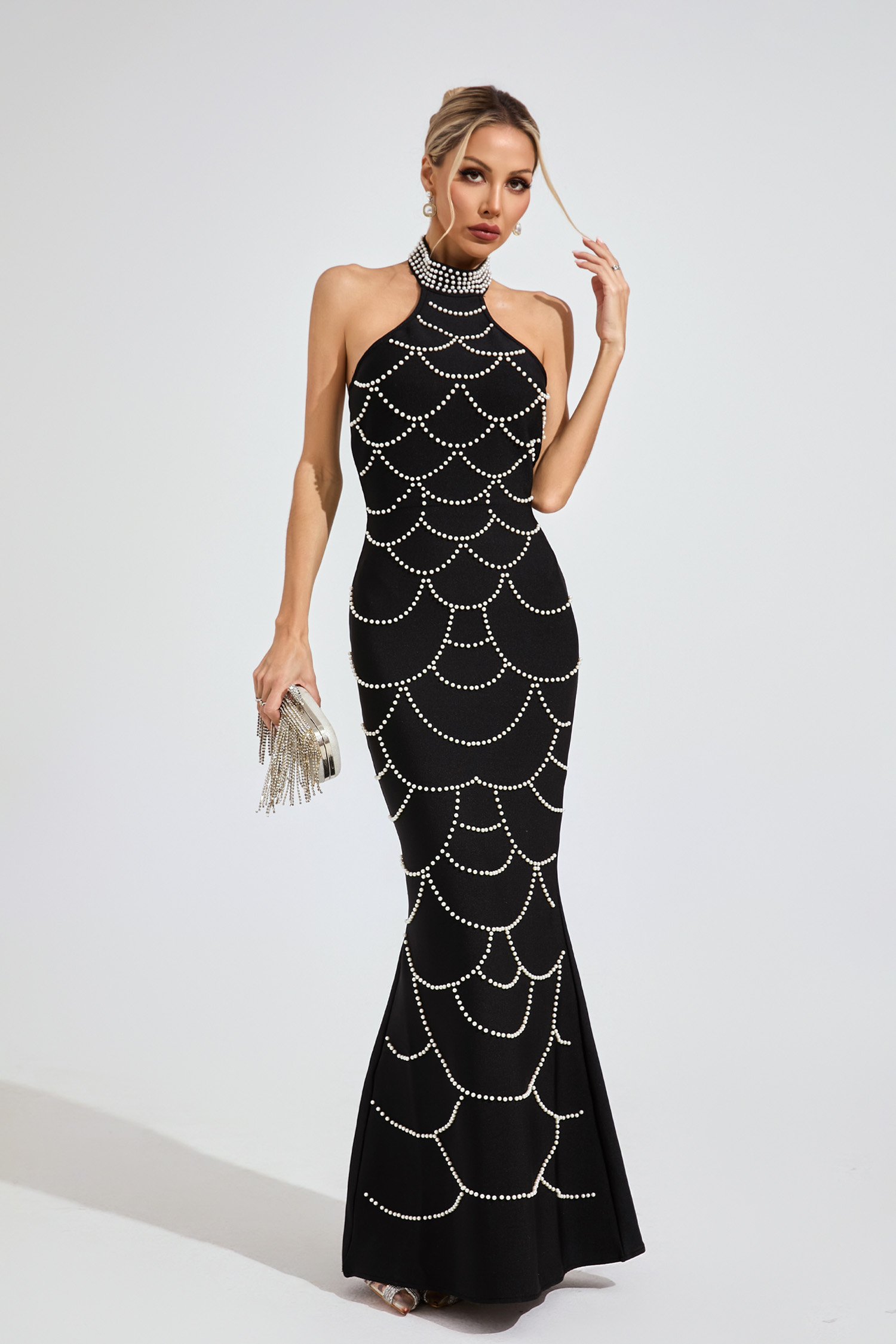 Ariana Black Pearl Halter Bandage Maxi Dress