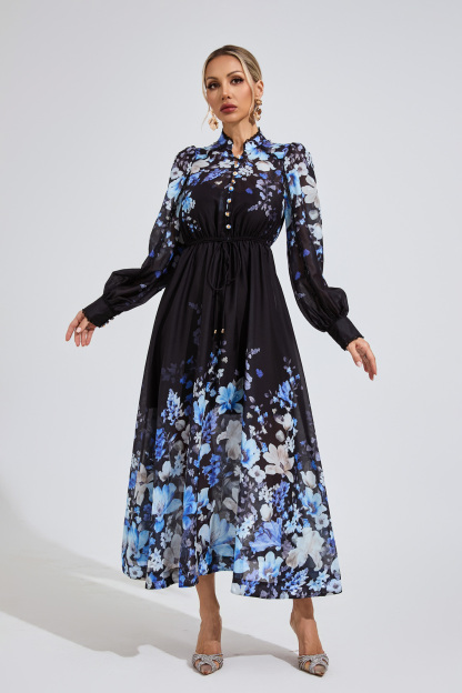 Elna Gray Black Lace Up Skater Dress