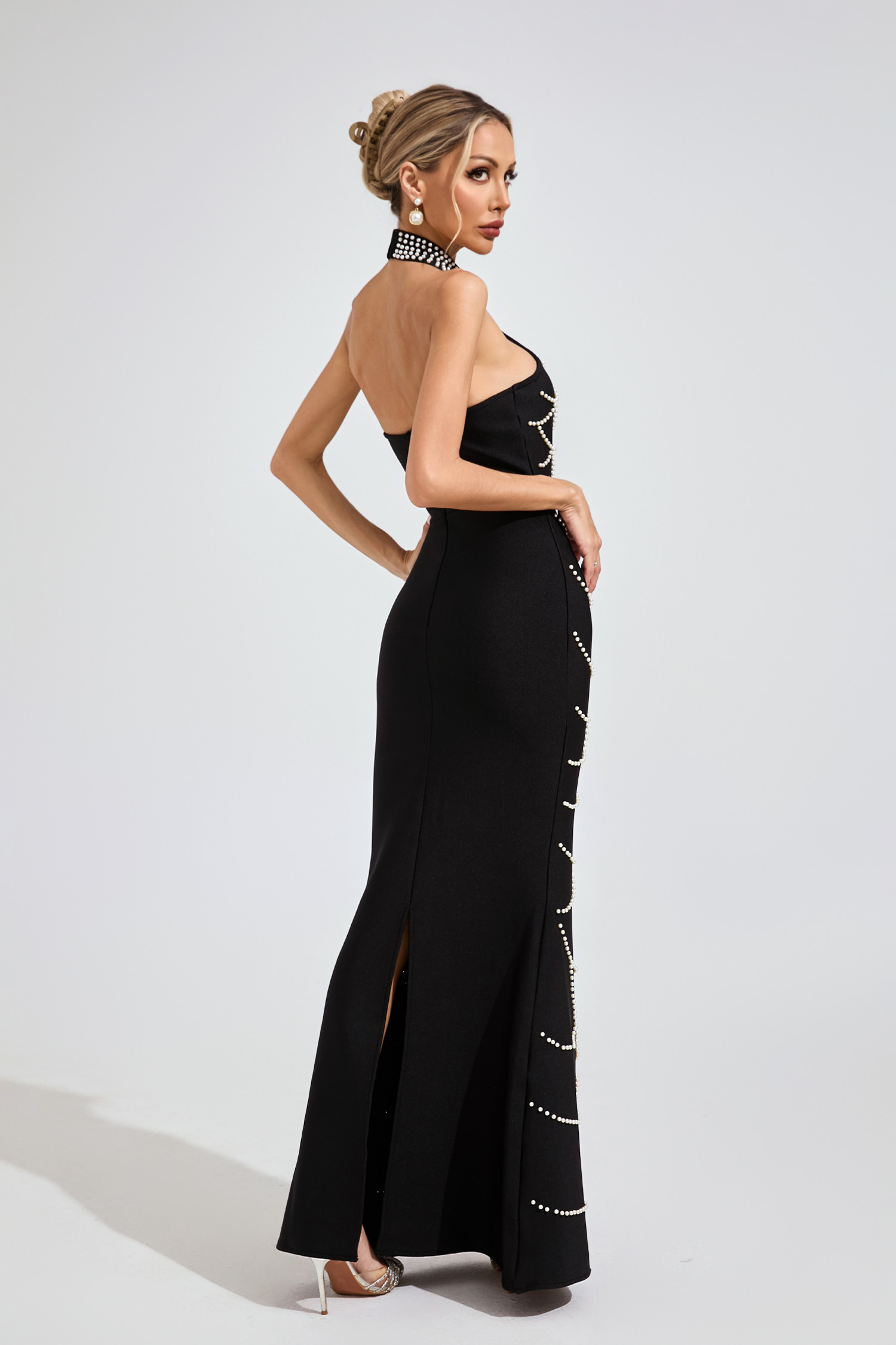 Ariana Black Pearl Halter Bandage Maxi Dress