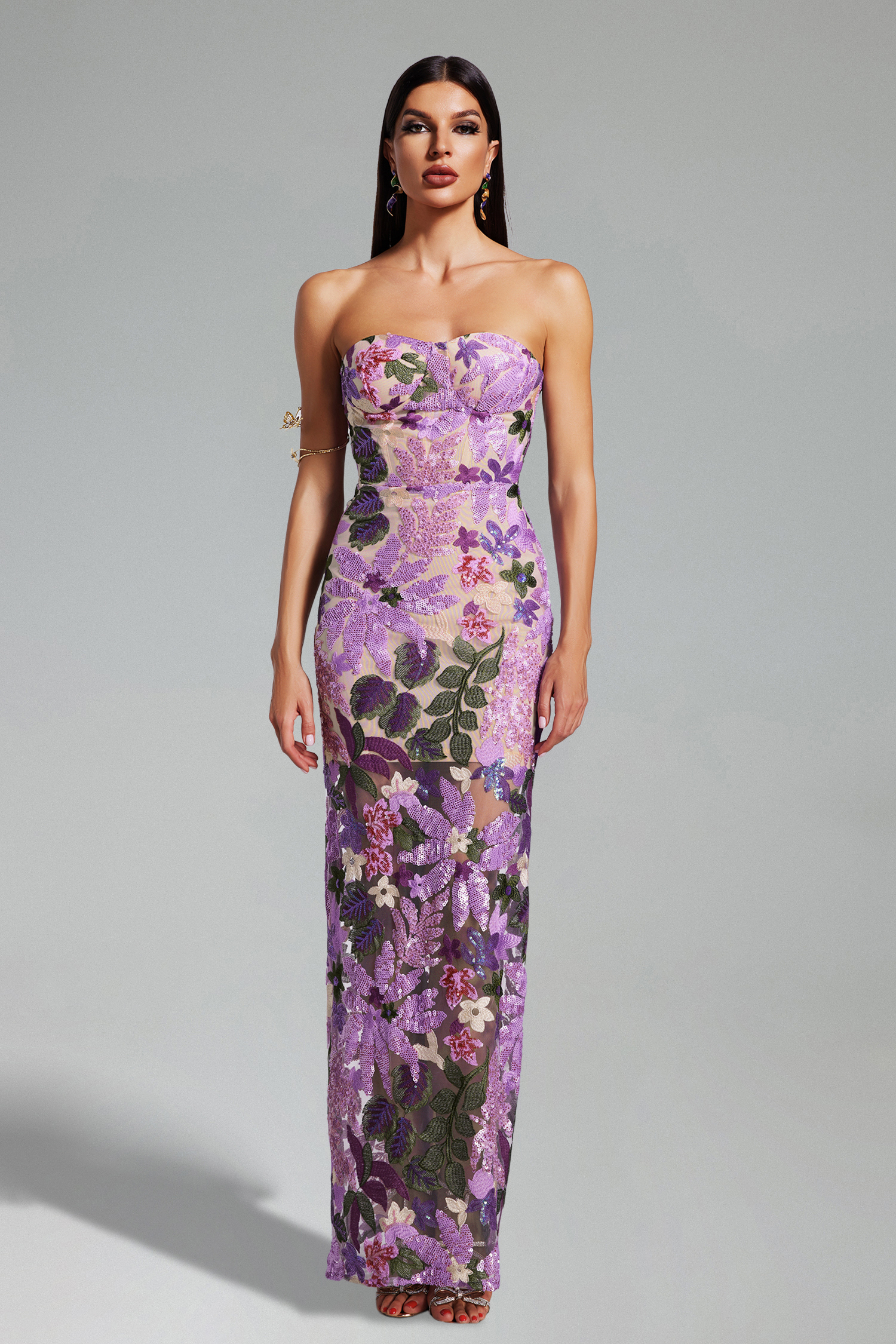 Claudine Flower Sequins Strapless Mesh Dress - Purple