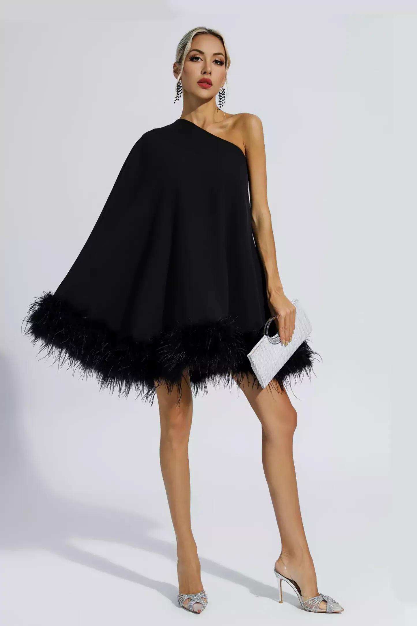 Edna Black Feather Trim One Shoulder Mini Dress