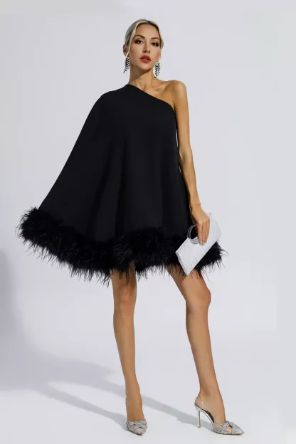 Edna Black Feather Trim One Shoulder Mini Dress