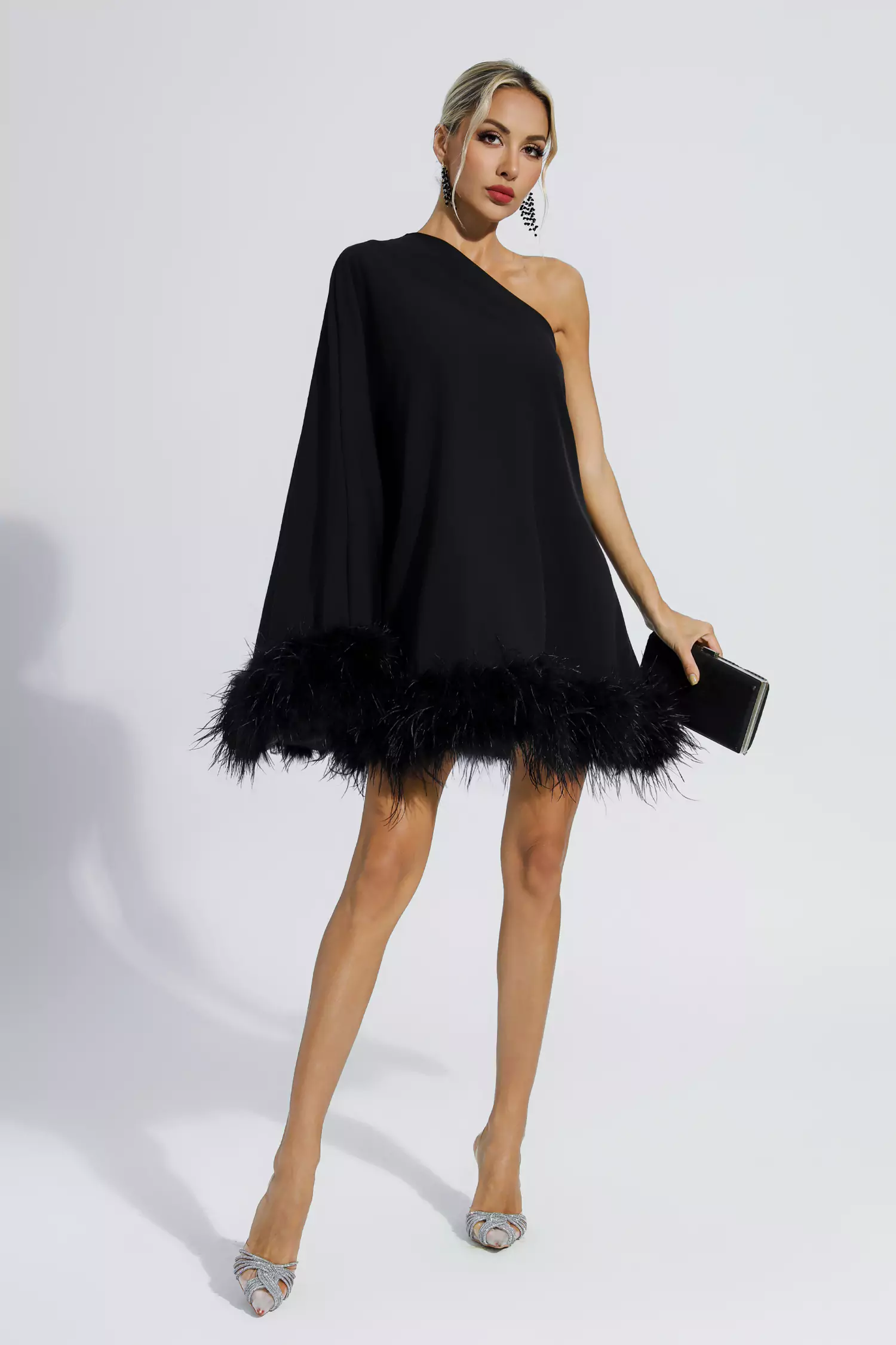 Edna Black Feather Trim One Shoulder Mini Dress