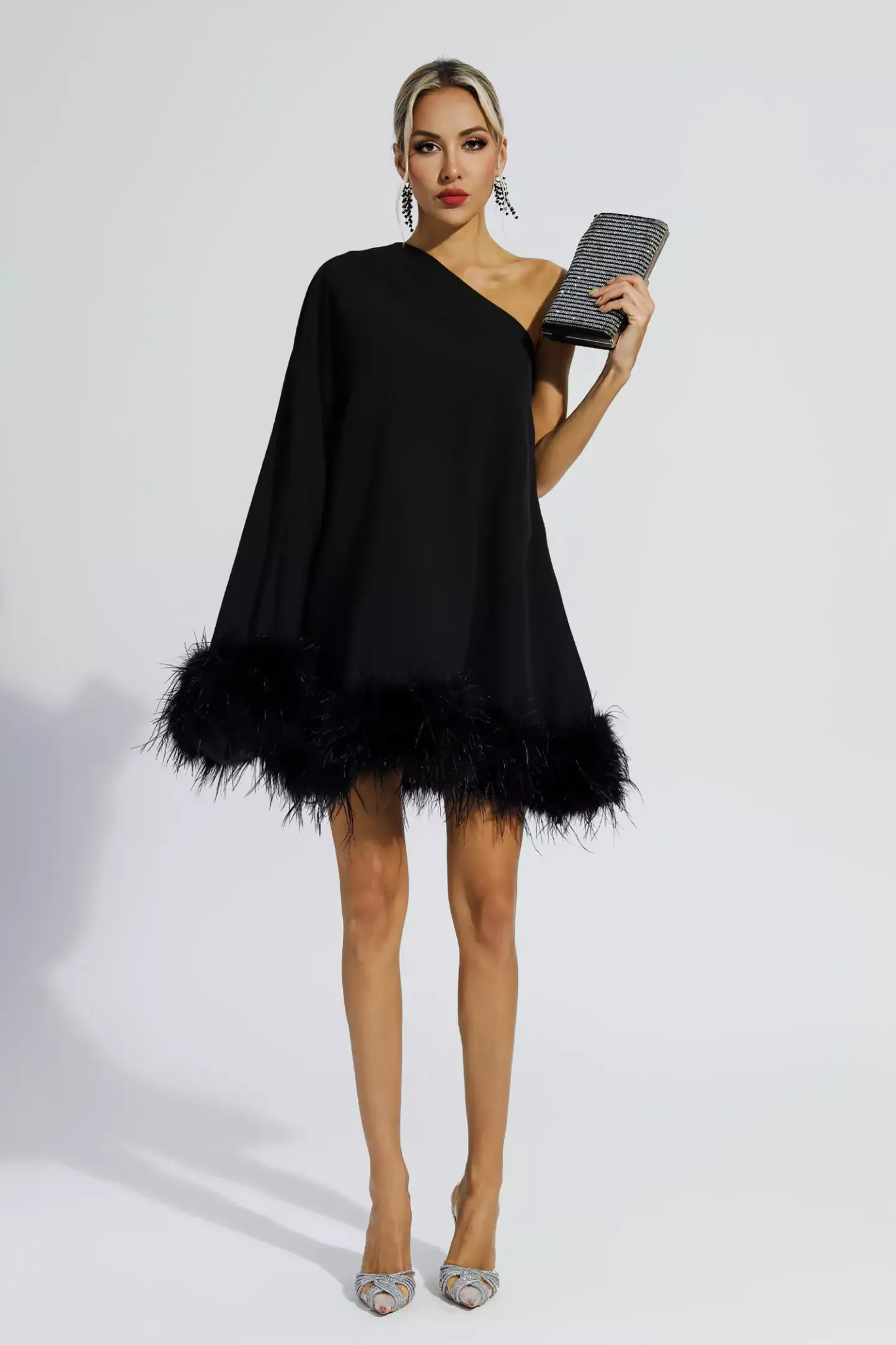Edna Black Feather Trim One Shoulder Mini Dress
