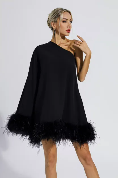 Edna Black Feather Trim One Shoulder Mini Dress