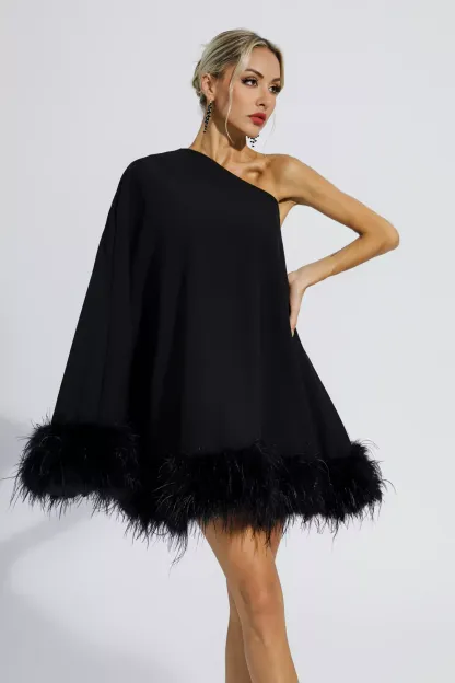 Edna Black Feather Trim One Shoulder Mini Dress