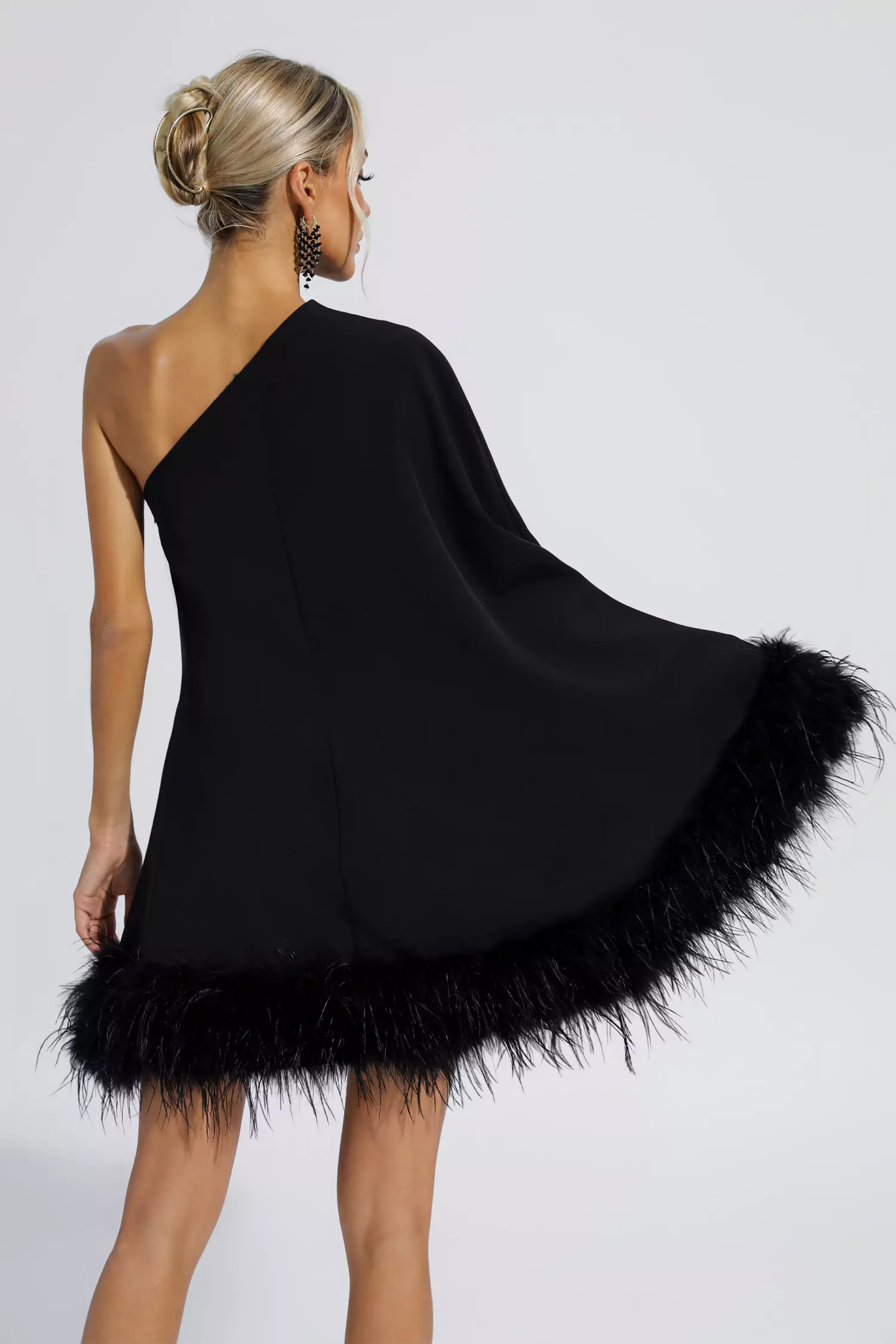 Edna Black Feather Trim One Shoulder Mini Dress