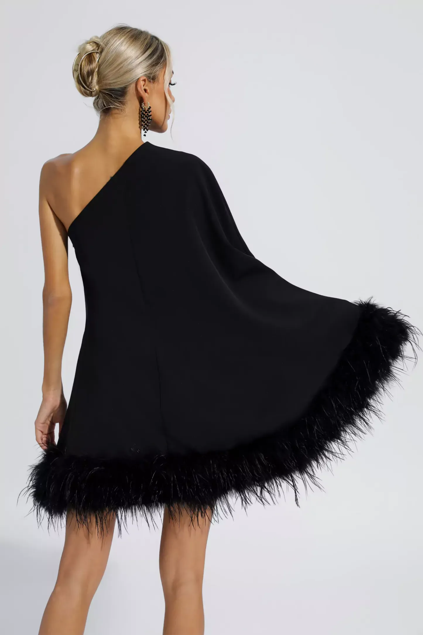 Edna Black Feather Trim One Shoulder Mini Dress