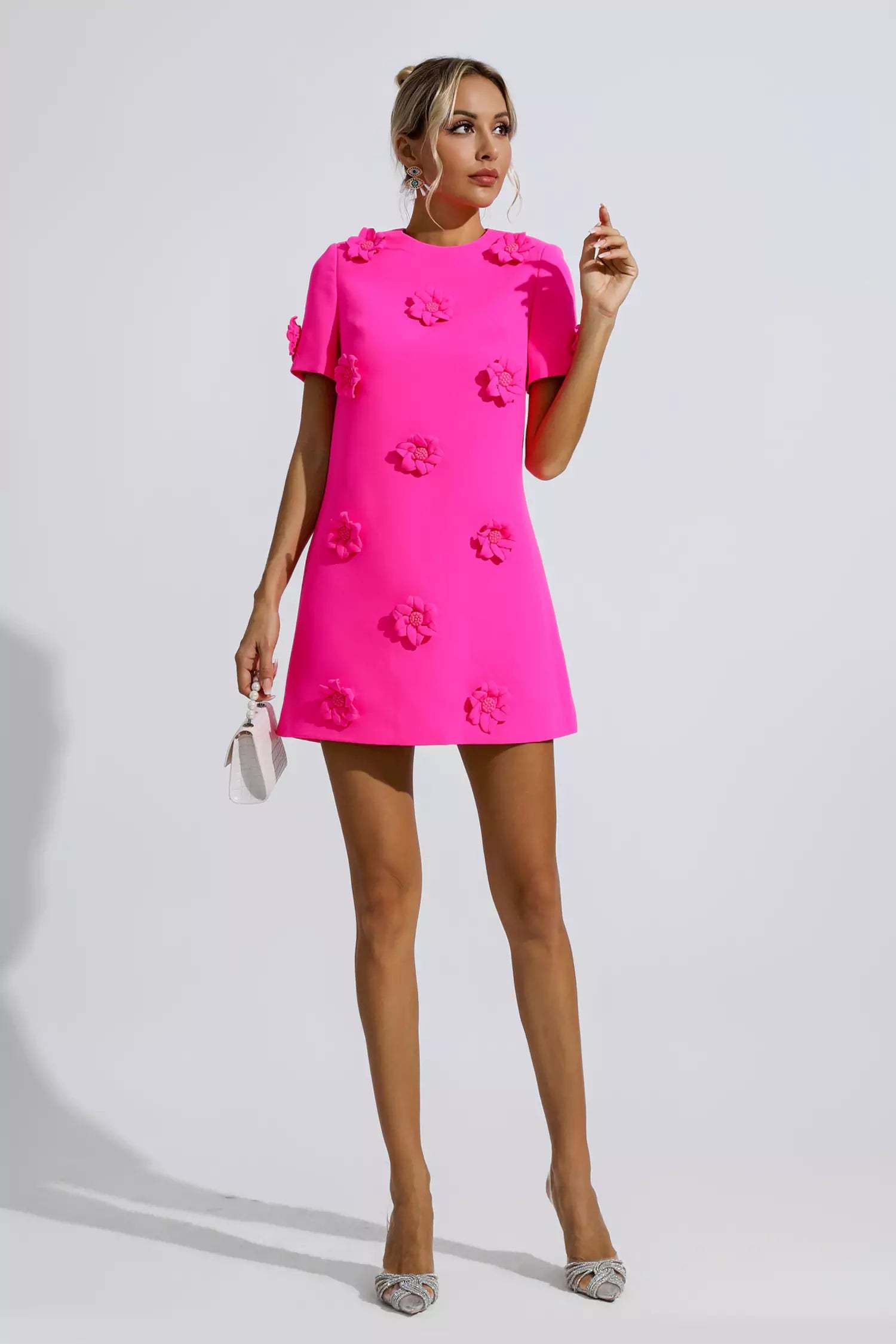 Emmaline Pink Jacquard Floral Mini Dress