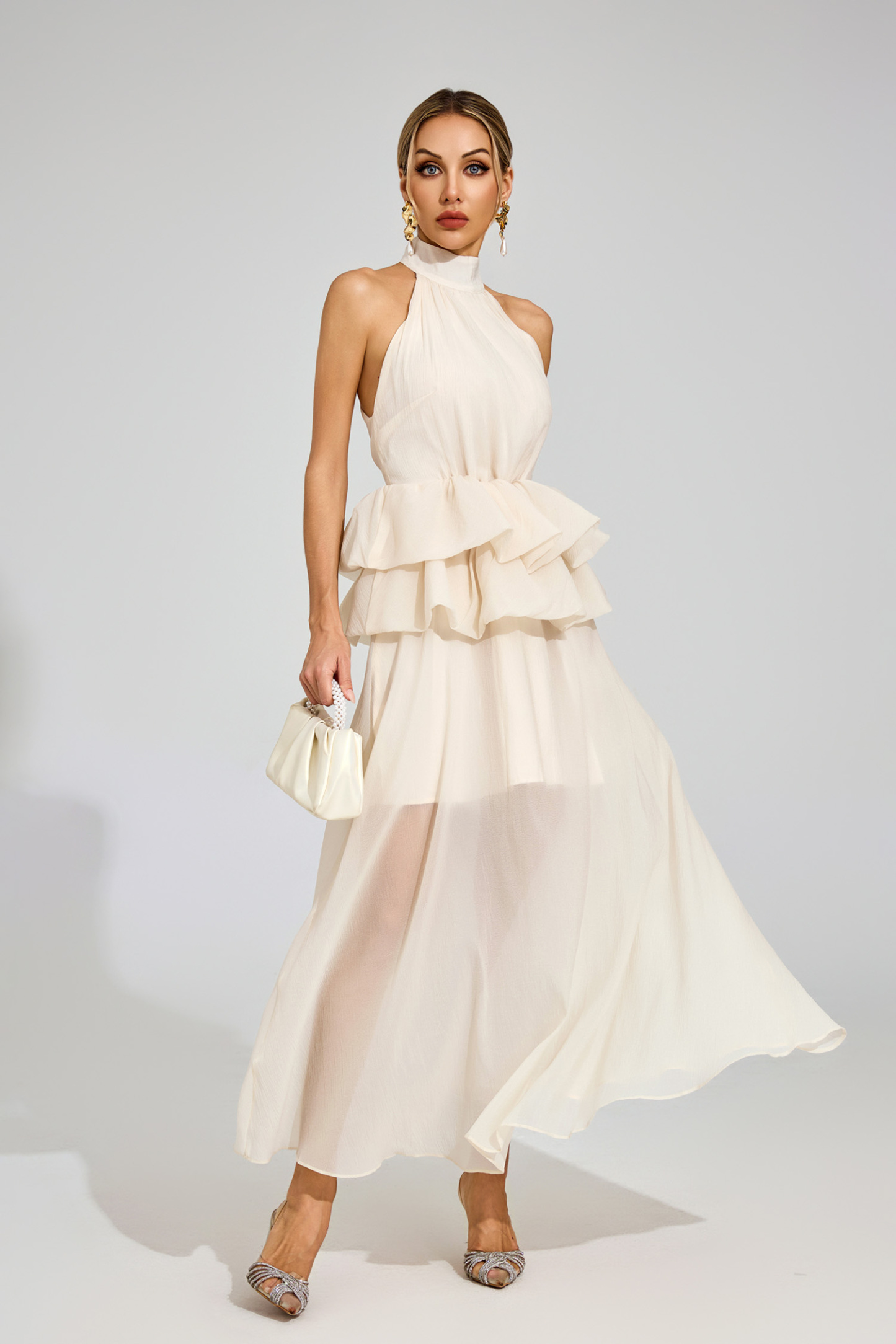 Gunda Apricot Halter Maxi Ruffle Dress