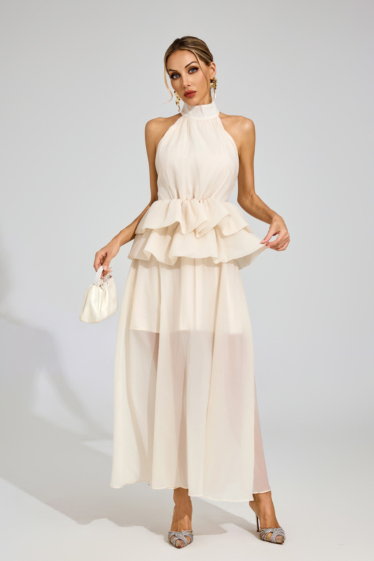 Gunda Apricot Halter Maxi Ruffle Dress