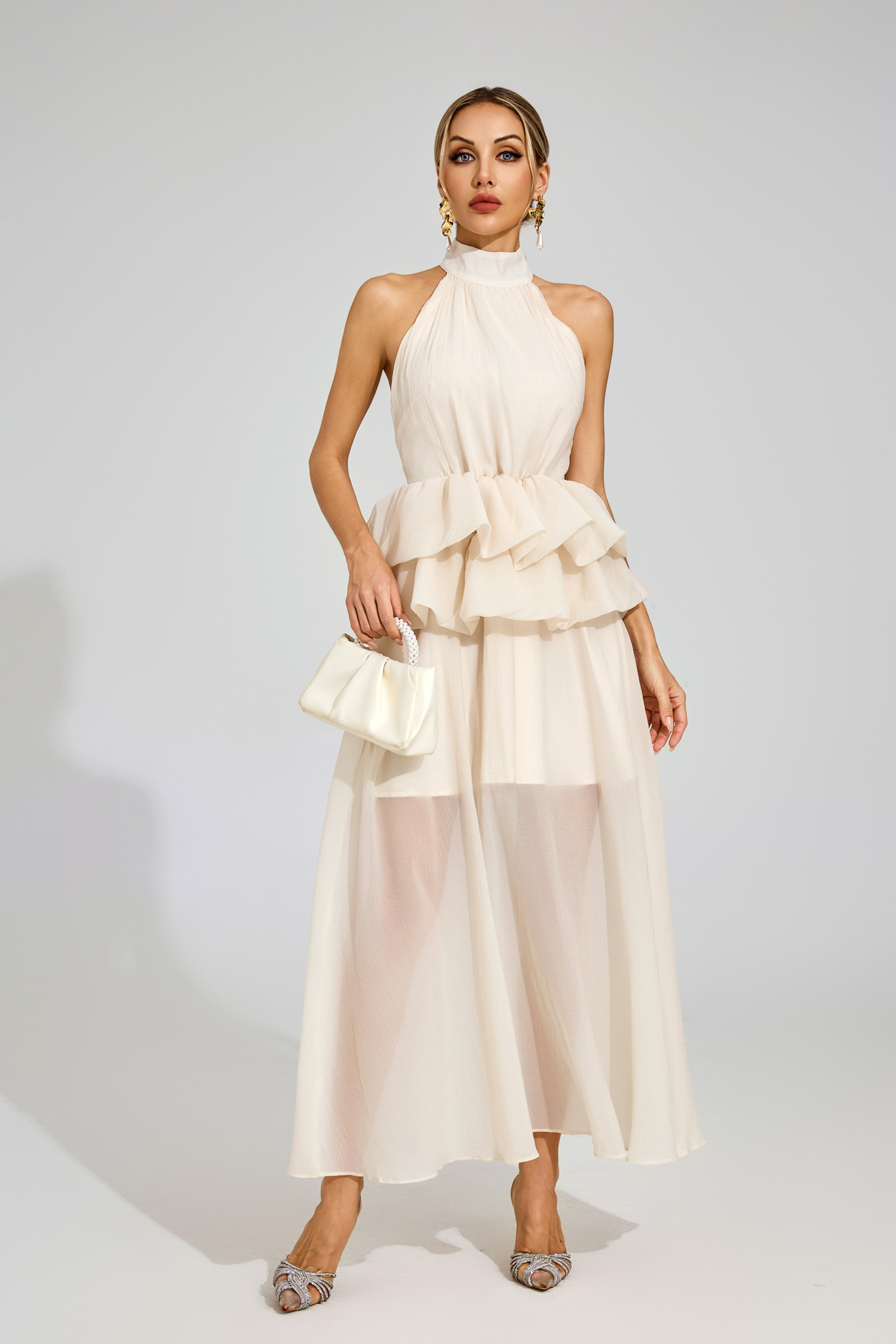 Gunda Apricot Halter Maxi Ruffle Dress