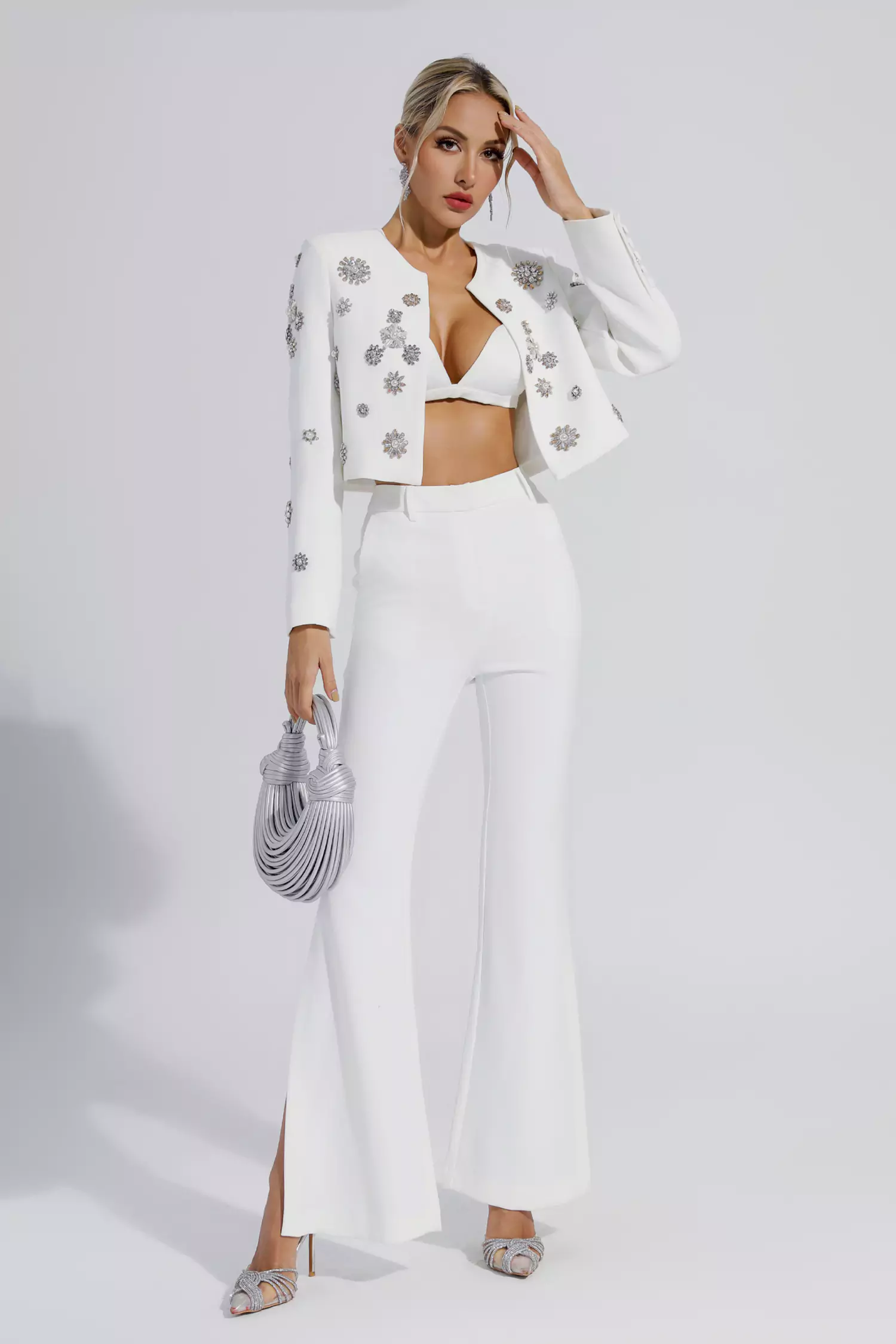 Norma White Crystal Pearl Blazer Set