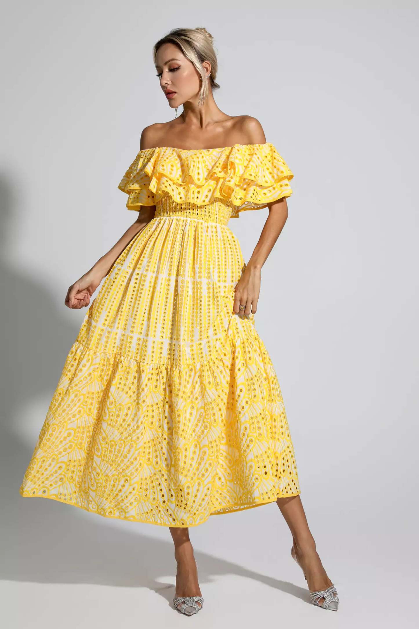 Elberta Yellow Cutout Ruffle Maxi Dress