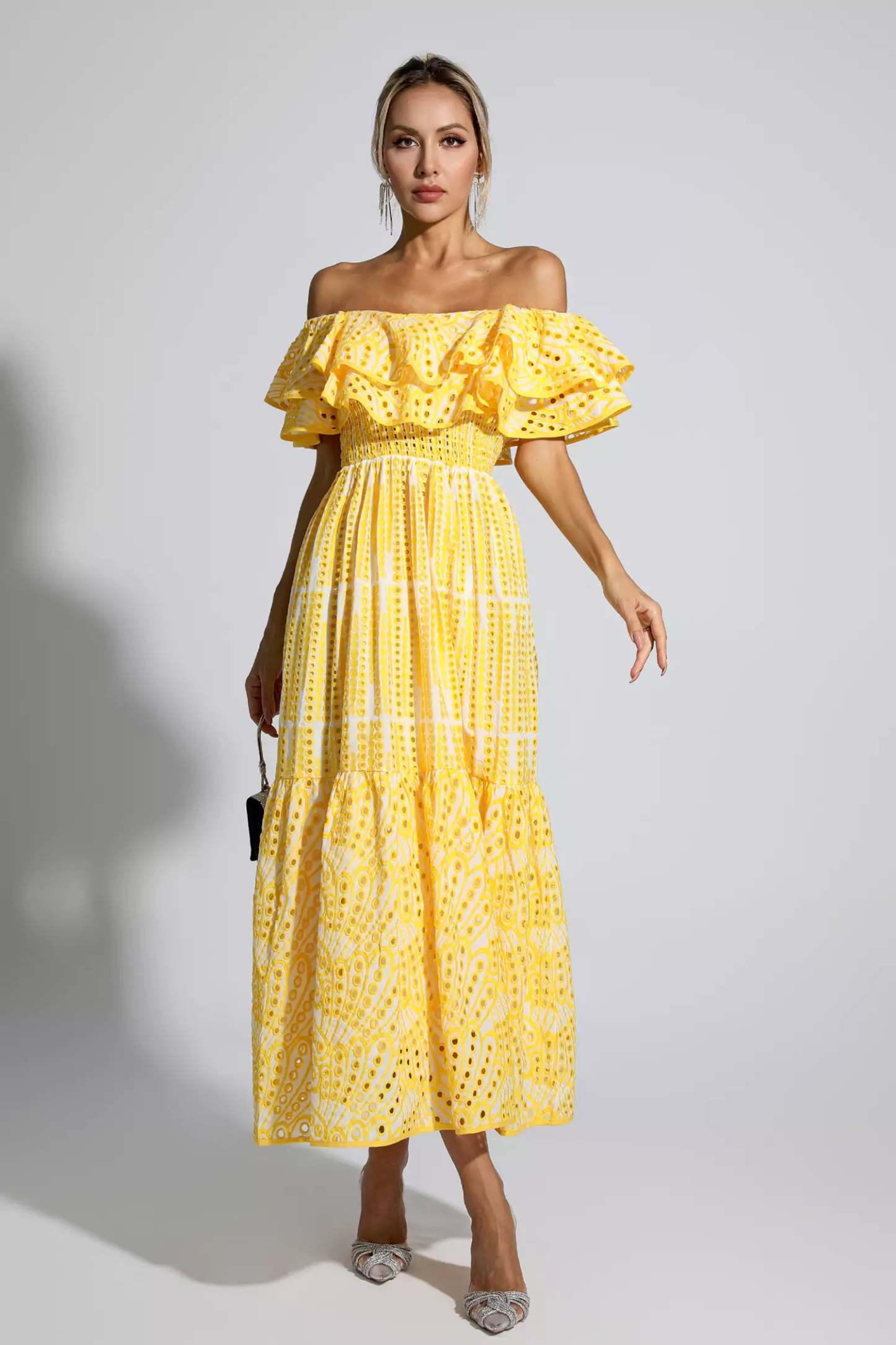 Elberta Yellow Cutout Ruffle Maxi Dress