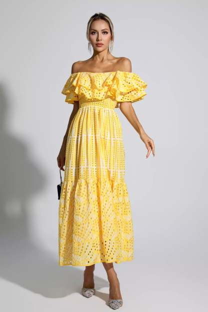 Elberta Yellow Cutout Ruffle Maxi Dress
