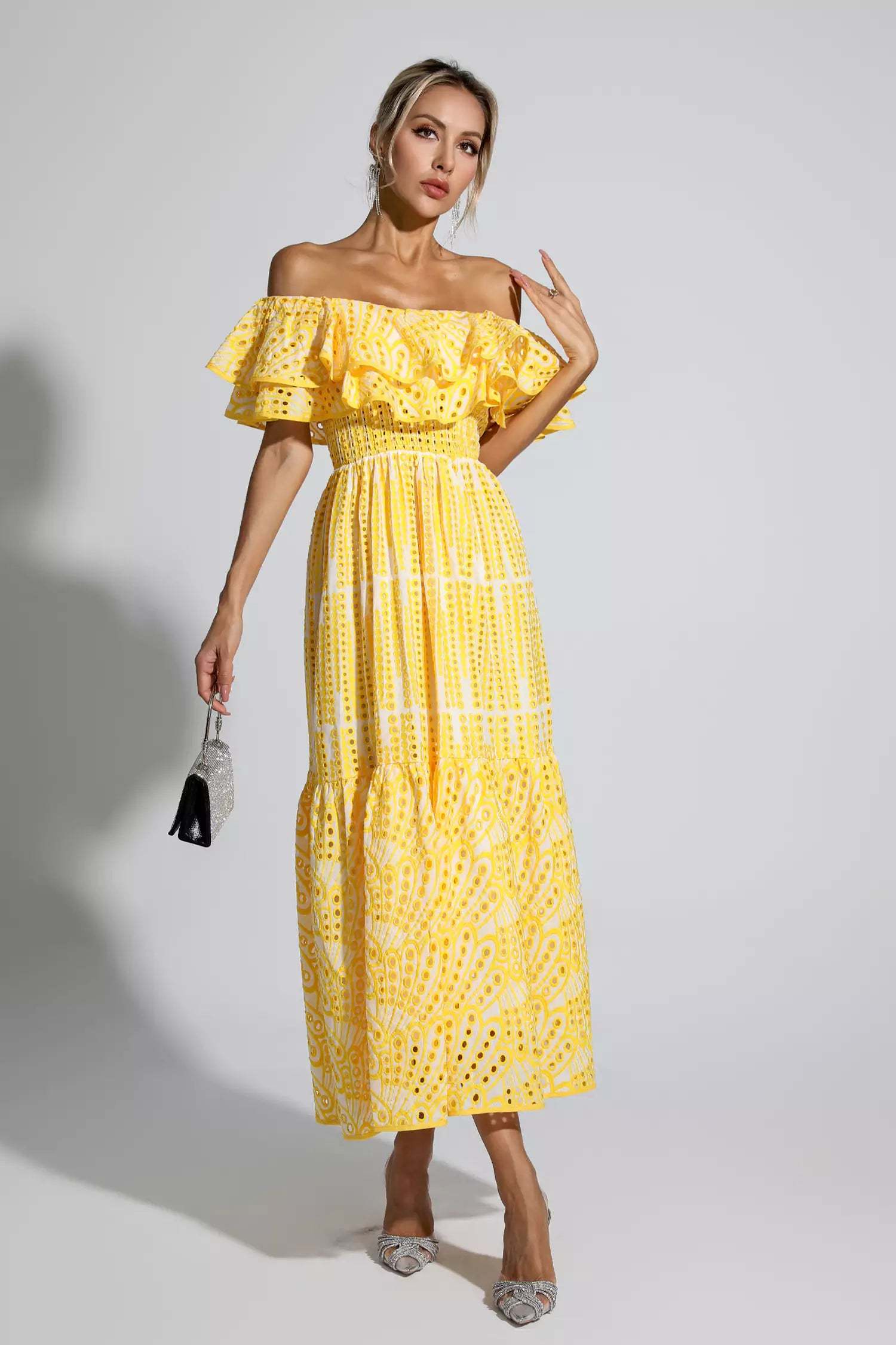 Elberta Yellow Cutout Ruffle Maxi Dress