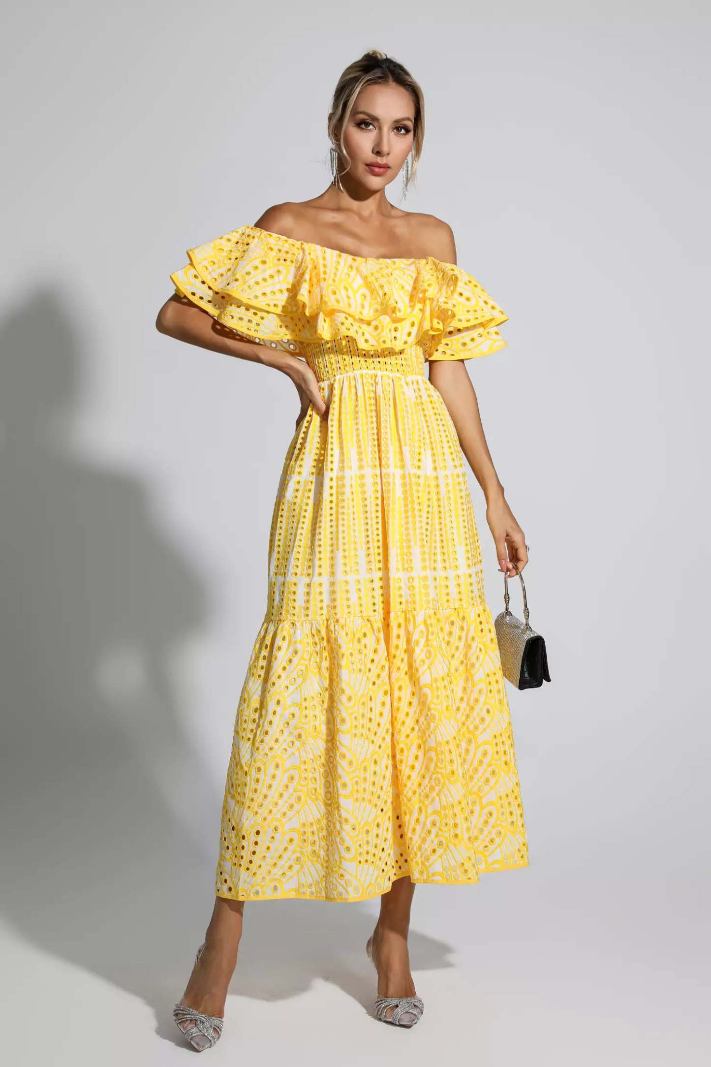 Elberta Yellow Cutout Ruffle Maxi Dress