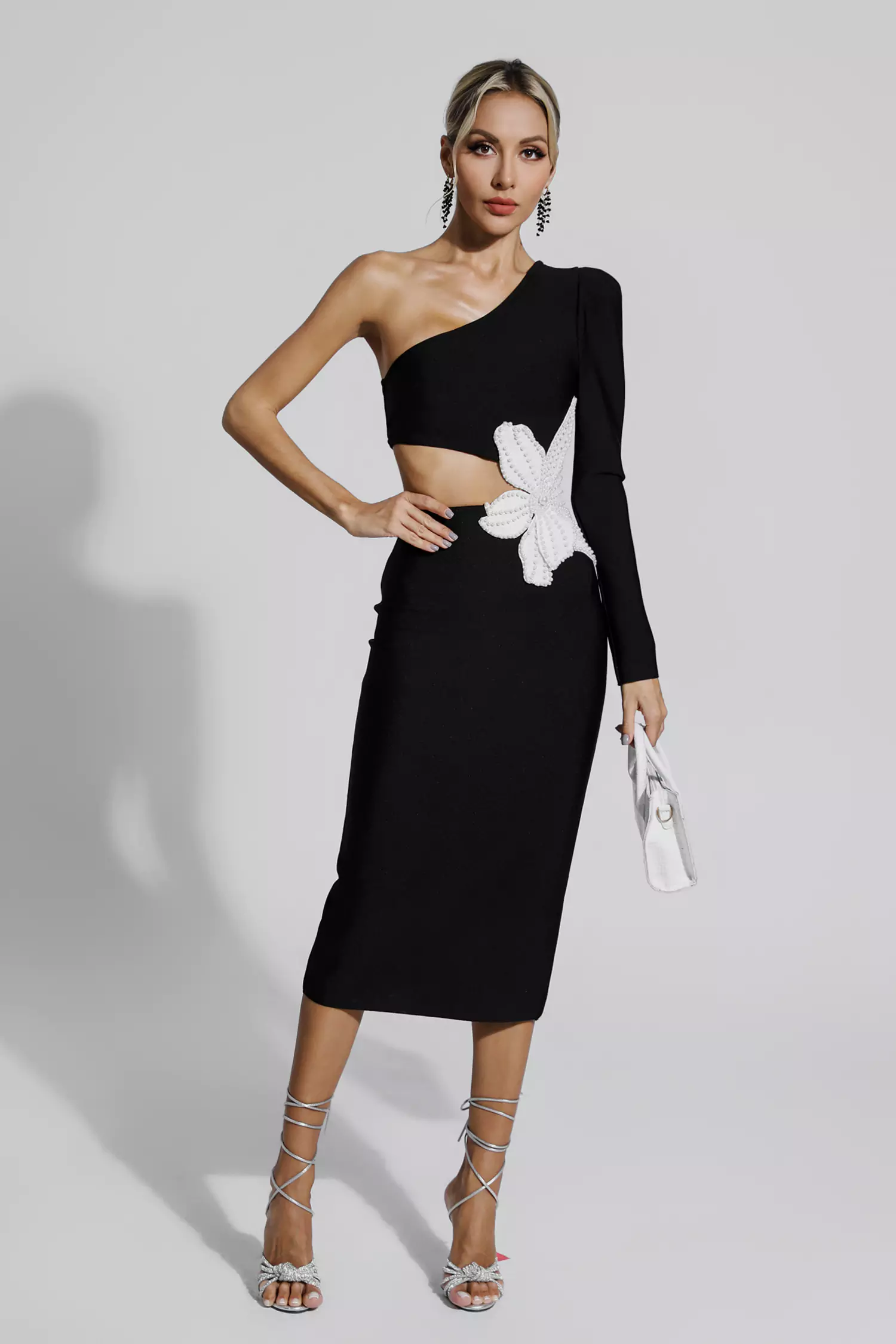 Shauna Black Floral One Shoulder Bandage Dress