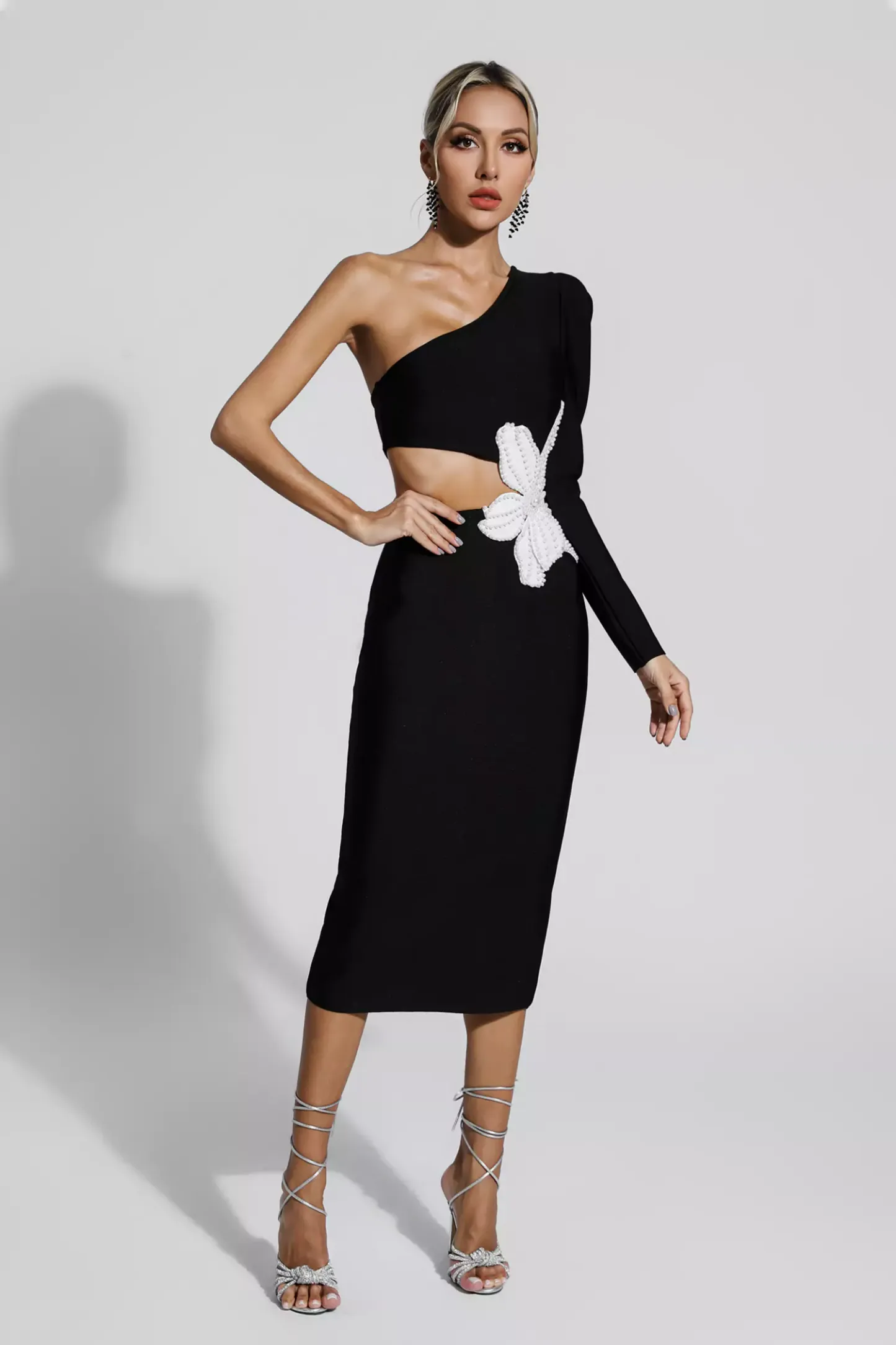 Shauna Black Floral One Shoulder Bandage Dress