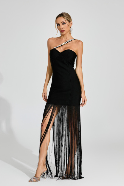 Flora Black One Shoulder Fringe Dress