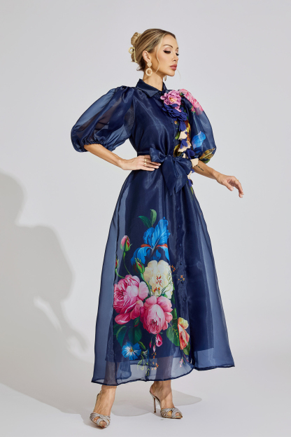 Penelope Blue French 3D Floral Maxi Dress