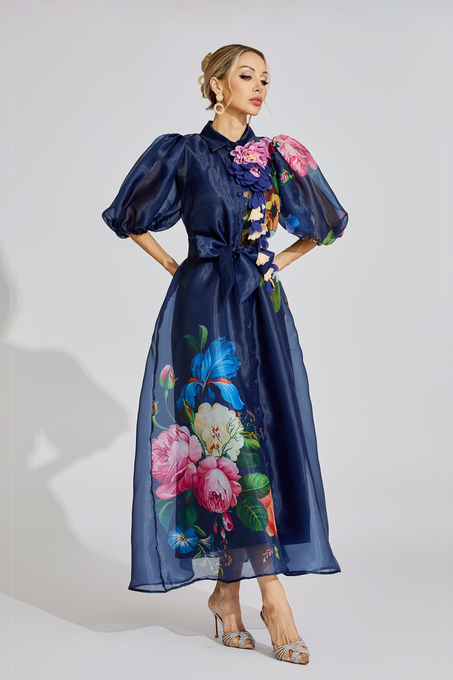 Penelope Blue French 3D Floral Maxi Dress