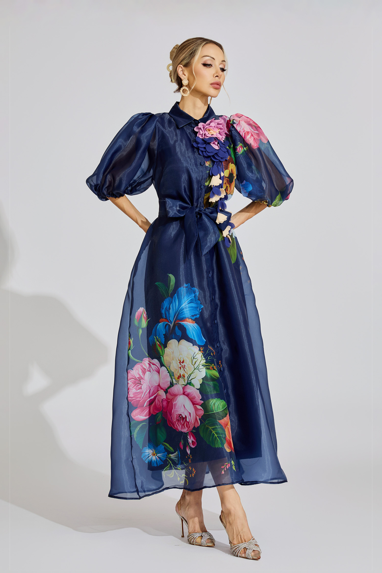 Penelope Blue French 3D Floral Maxi Dress