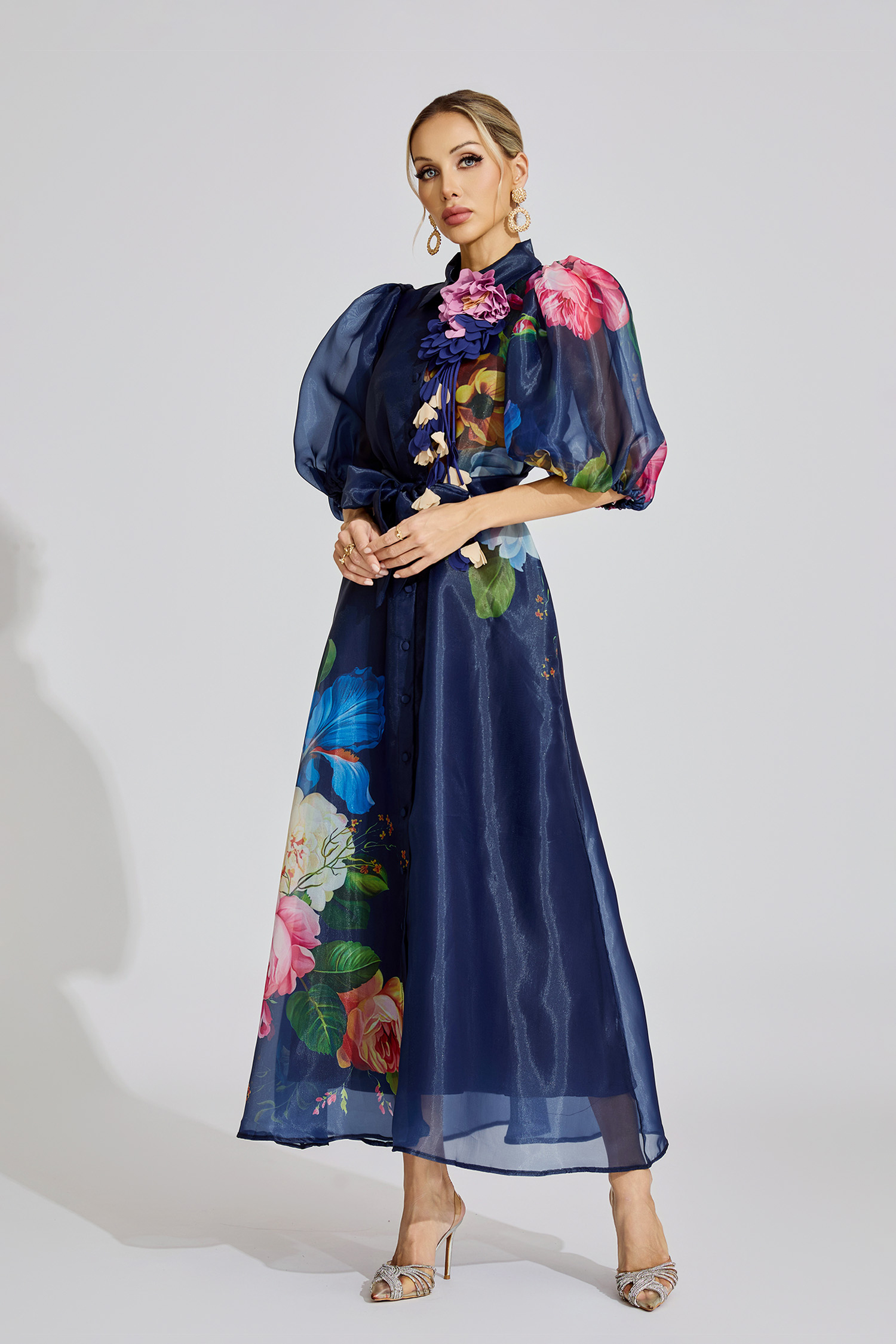 Penelope Blue French 3D Floral Maxi Dress