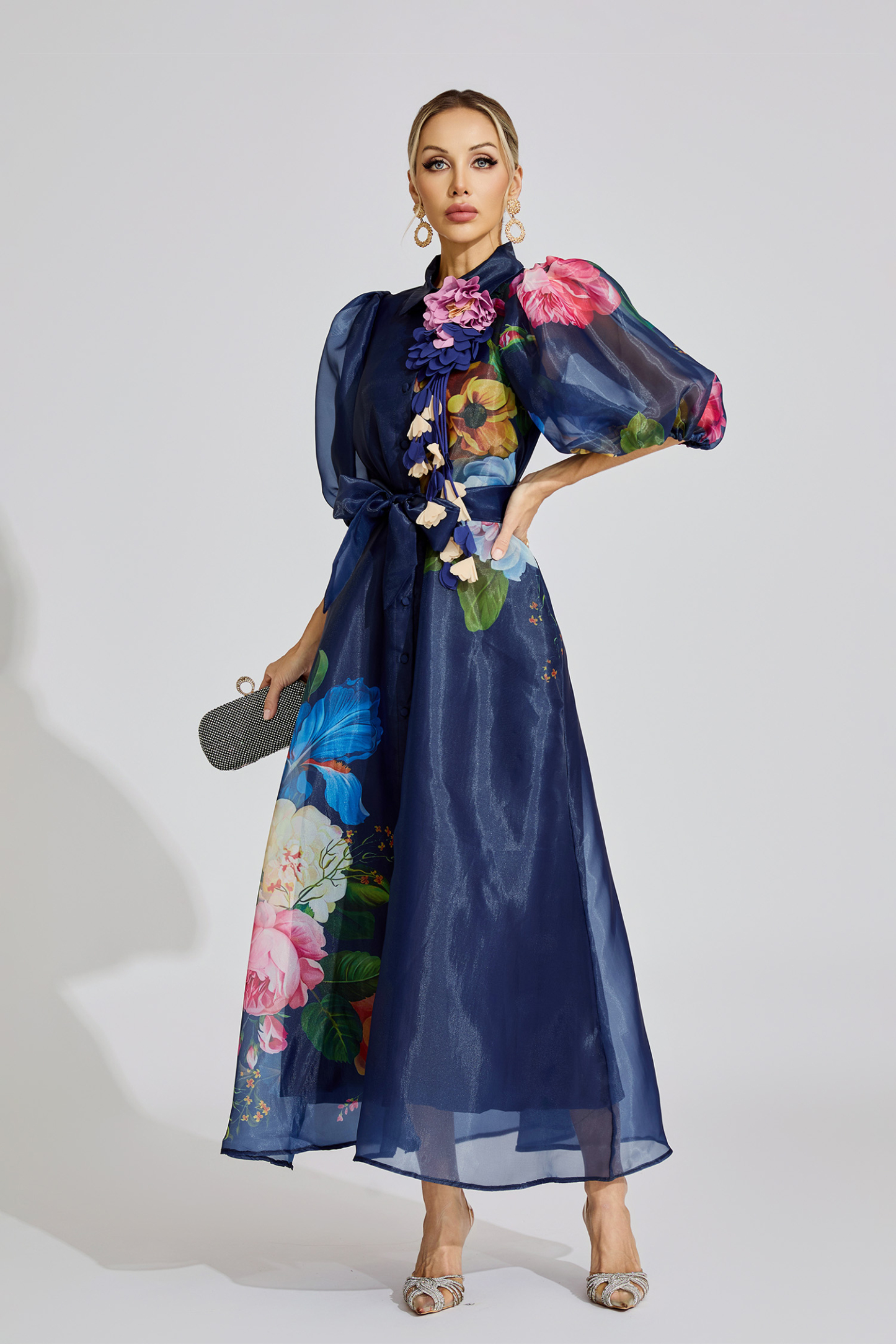 Penelope Blue French 3D Floral Maxi Dress