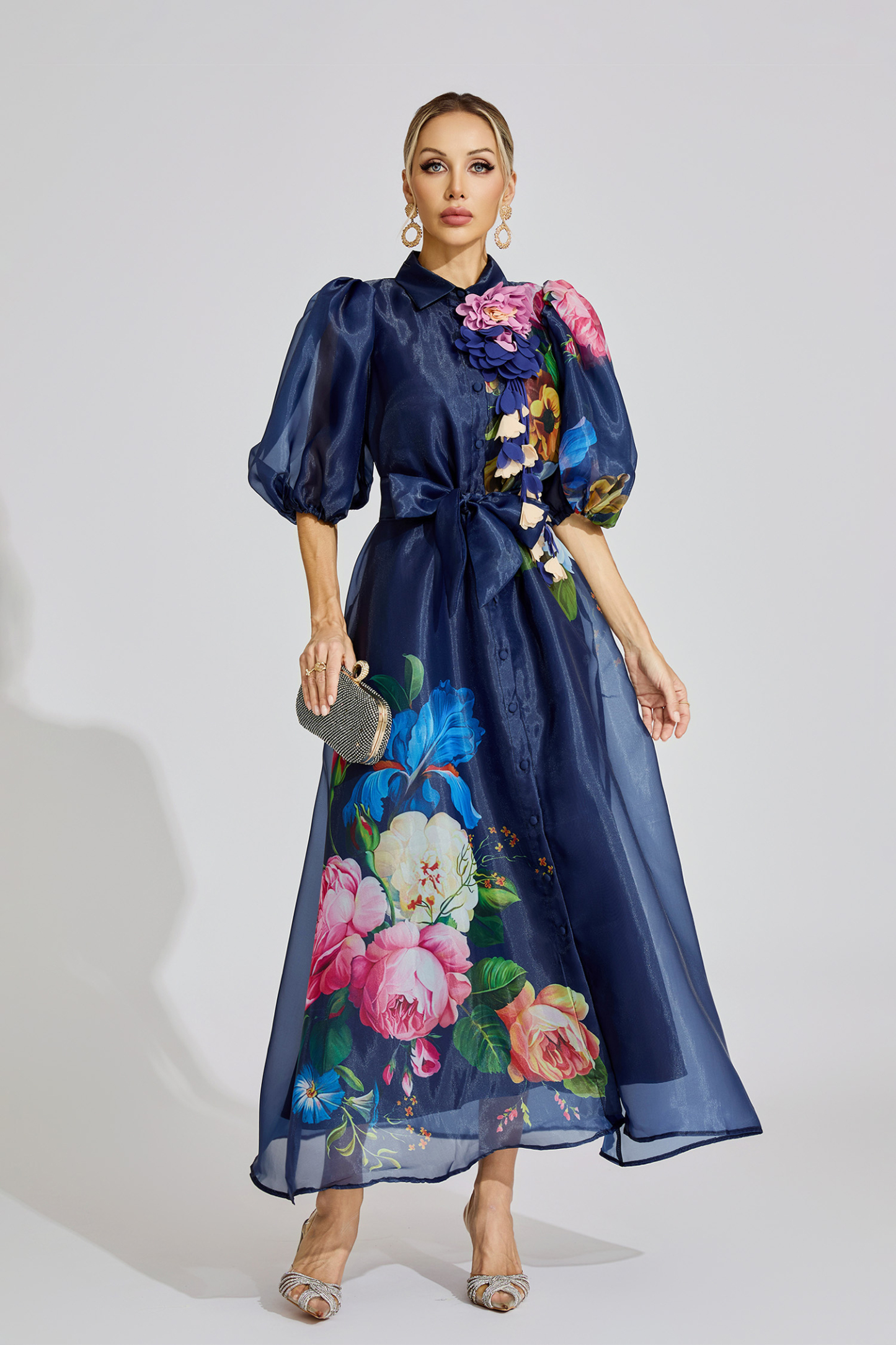 Penelope Blue French 3D Floral Maxi Dress